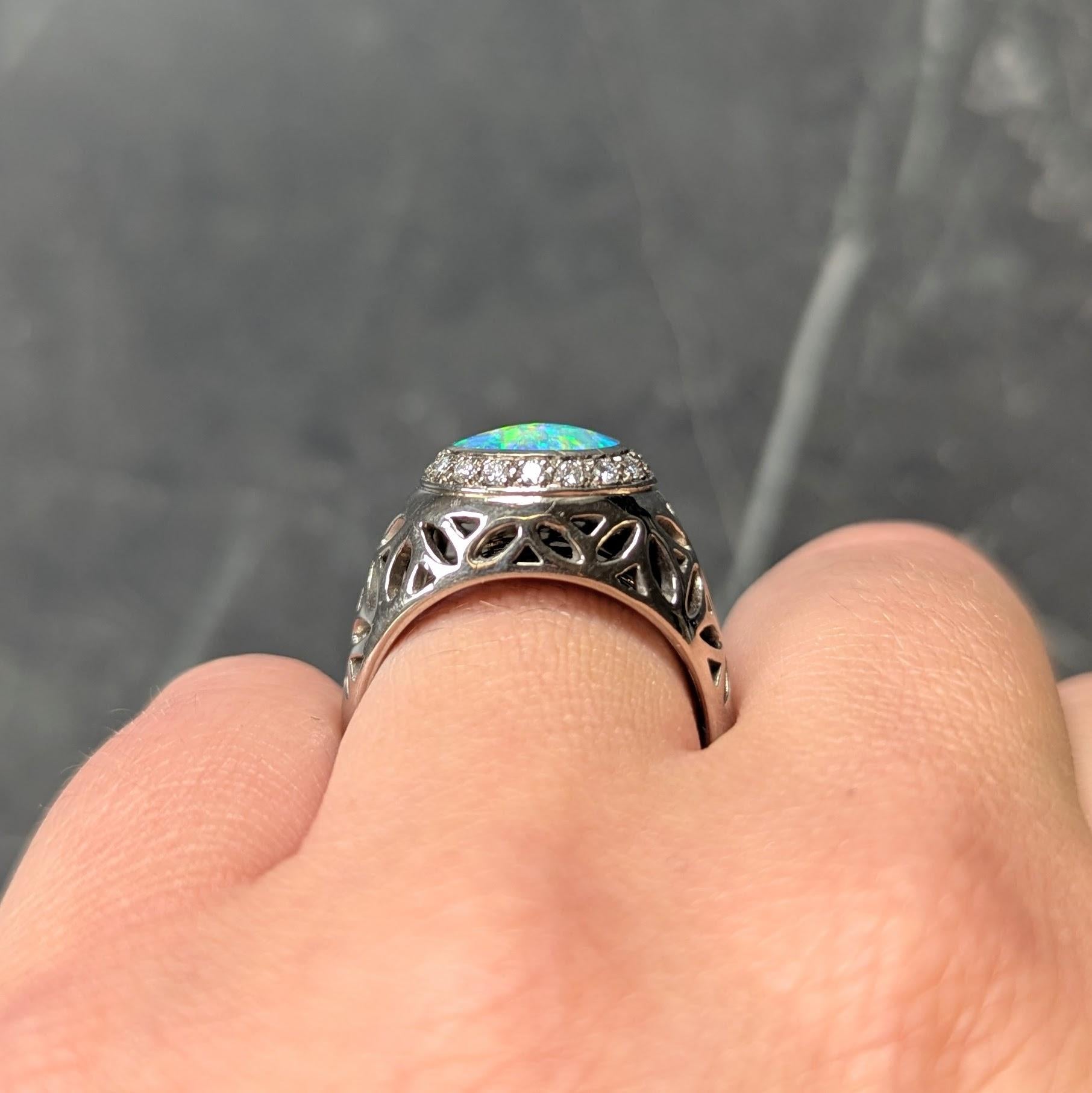 B & H 2000's Opal Diamond 18 Karat Two-Tone Gold Contemporary Foliate Halo Ring