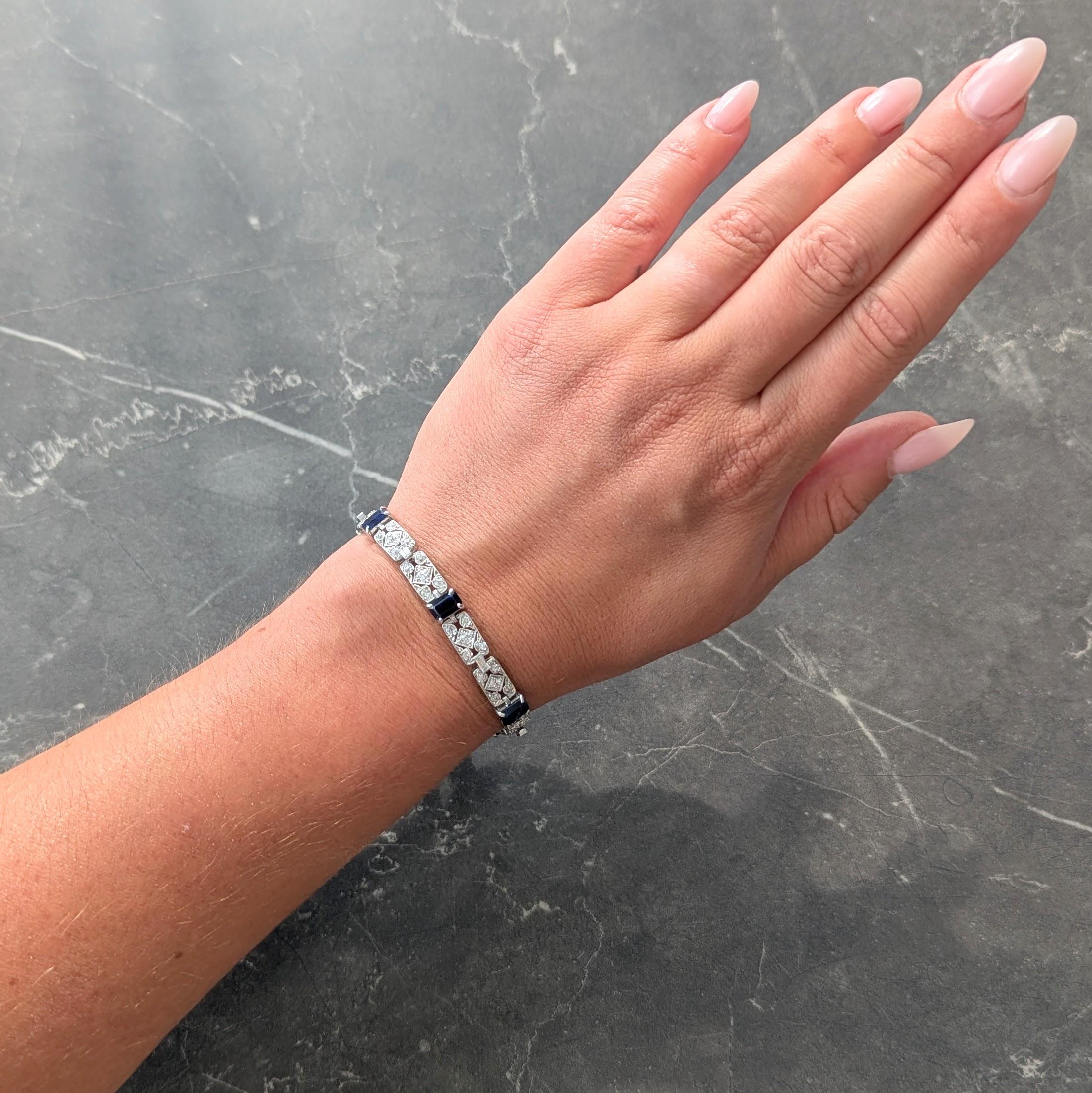 Art Deco Diamond Sapphire Platinum Vintage Geometric Line Bracelet