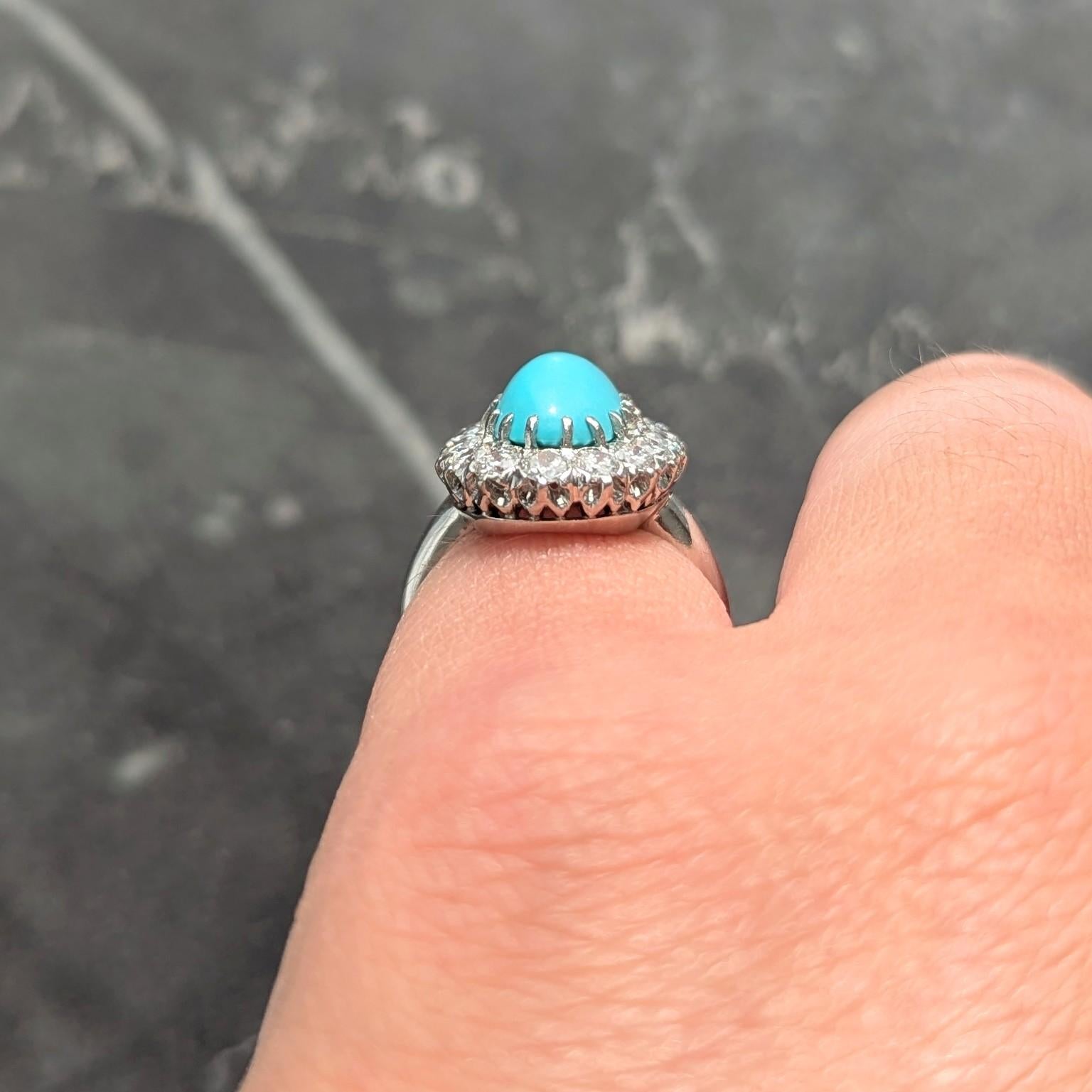 Art Deco 1.12 CTW Turquoise Cabochon Diamond Platinum Vintage Halo Ring