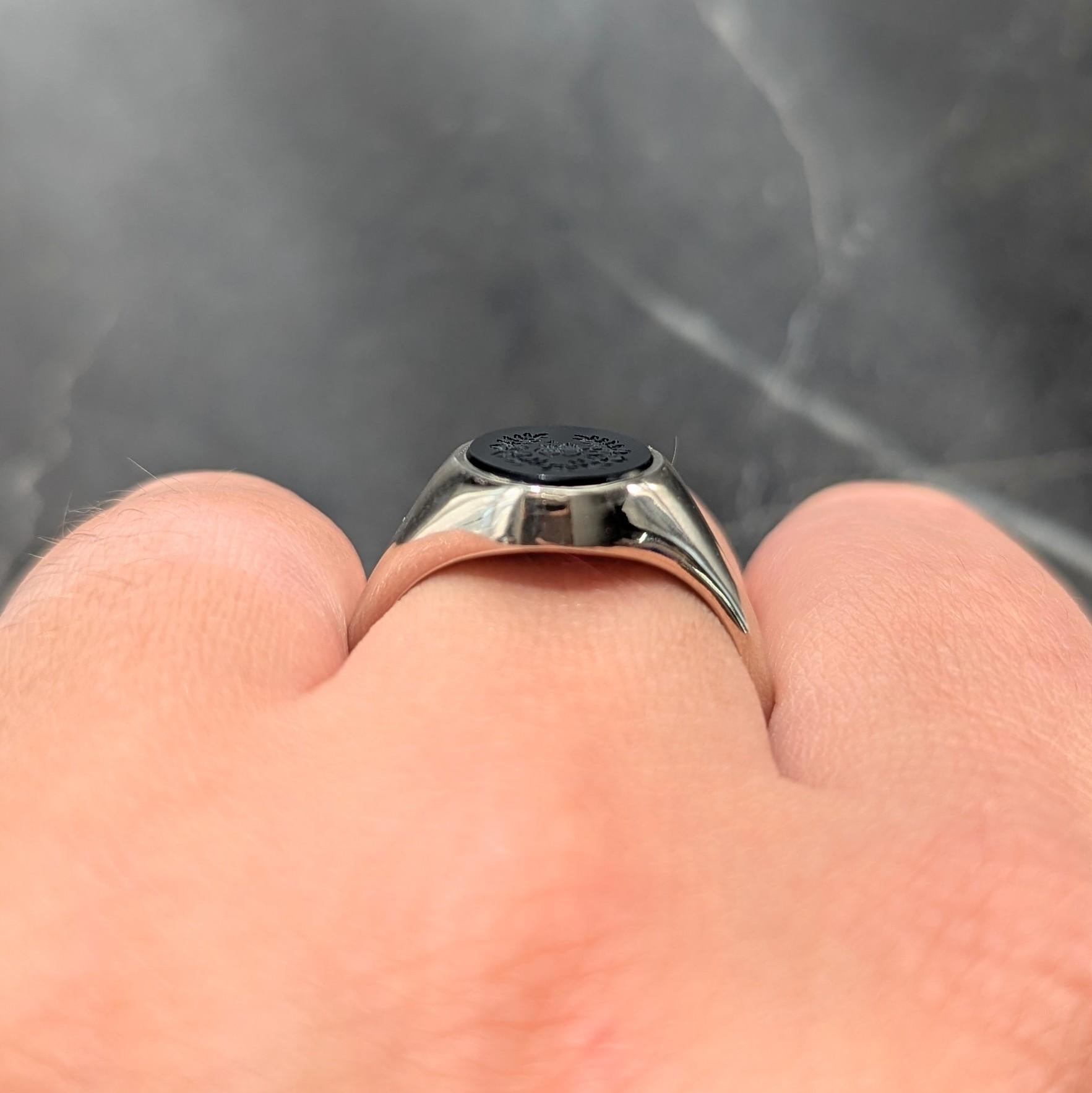 Onyx 14 Karat White Gold Double Novena Heart Unisex Intaglio Signet Ring