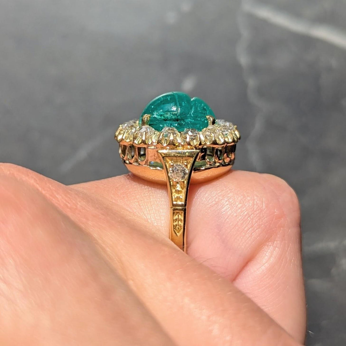 Vintage Egyptian Revival Emerald Diamond 18K Yellow Gold Scarab Halo Ring