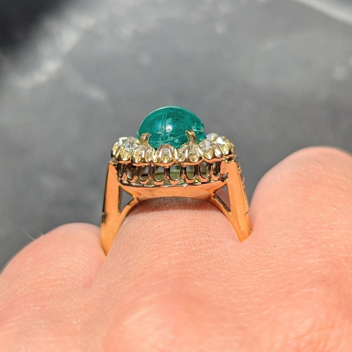 Vintage Egyptian Revival Emerald Diamond 18K Yellow Gold Scarab Halo Ring