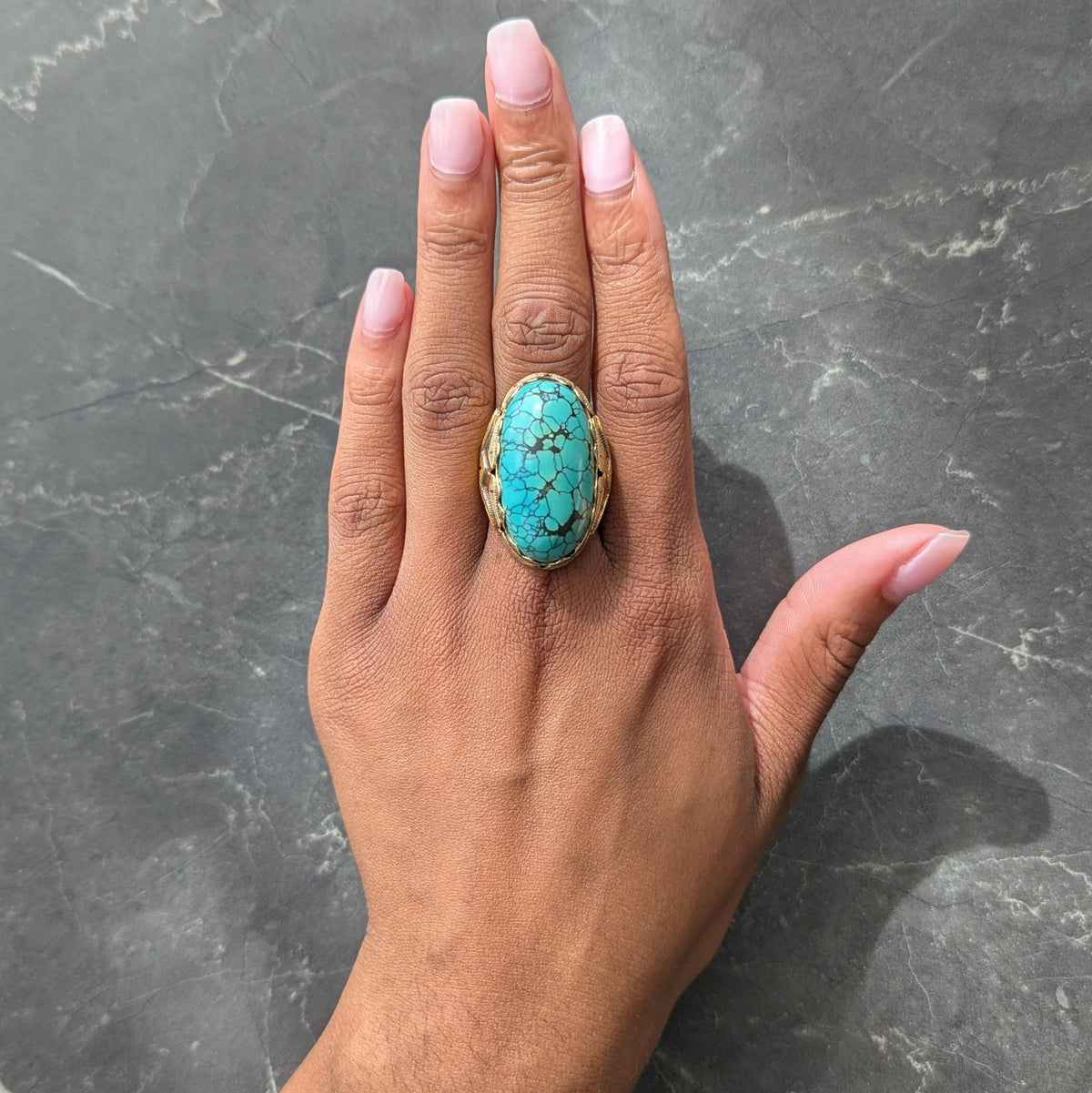 Retro Turquoise Cabochon 14 Karat Yellow Gold Vintage Statement Ring