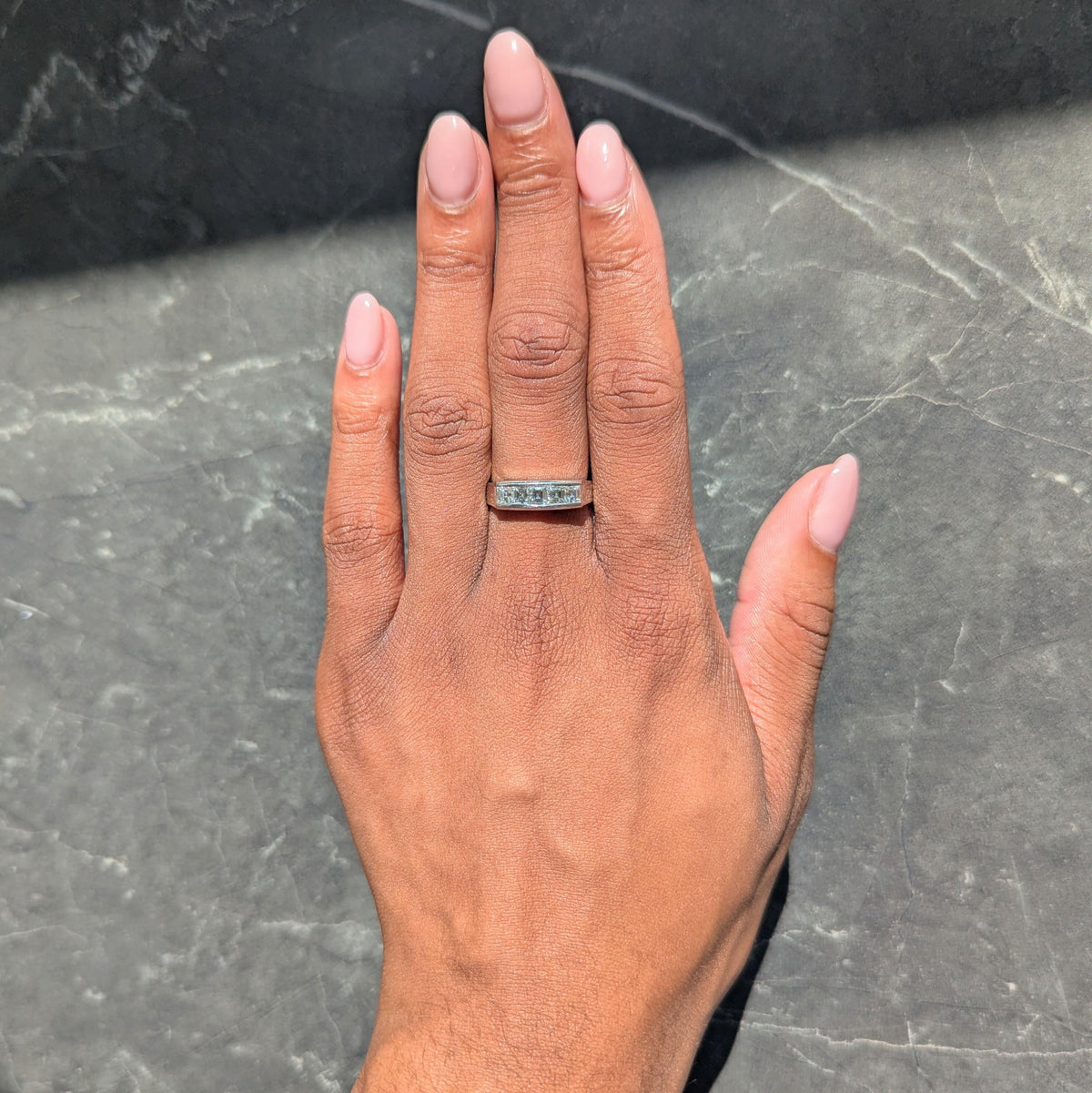 Contemporary 1.03 CTW Square Step Cut Diamond Platinum Channel Band Ring