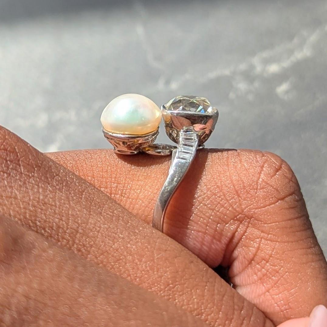 Mid-Century 3.52 CTW Diamond Natural Pearl Platinum Toi-Et-Moi Vintage Ring GIA