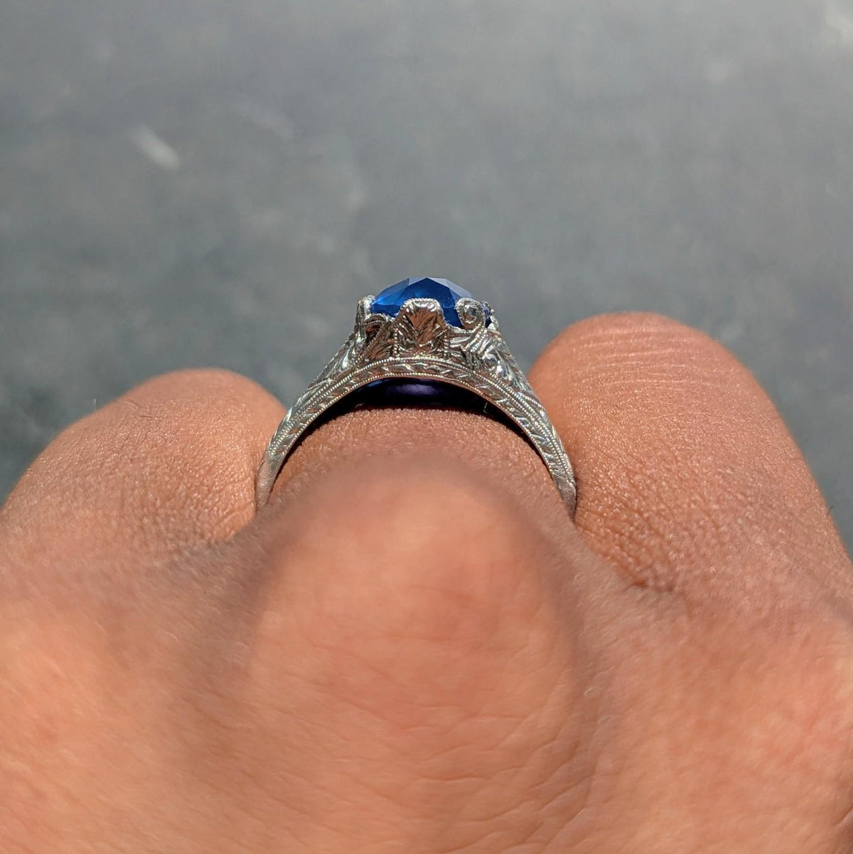 Art Deco 4.43 CTW No Heat Ceylon Sapphire Platinum Foliate Vintage Ring GIA