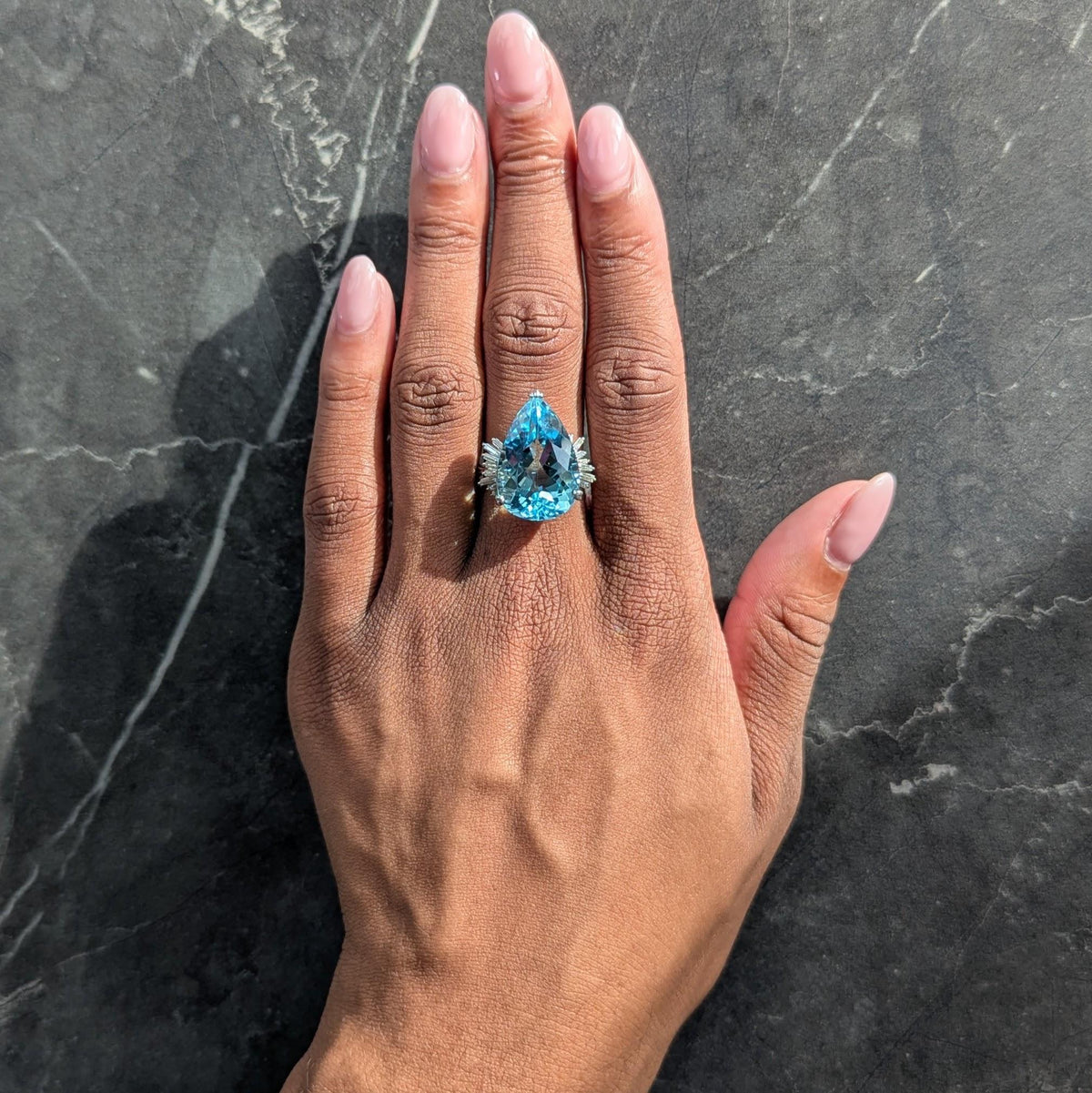 Mid-Century Diamond Aquamarine 18 Karat White Gold Vintage Spray Cocktail Ring