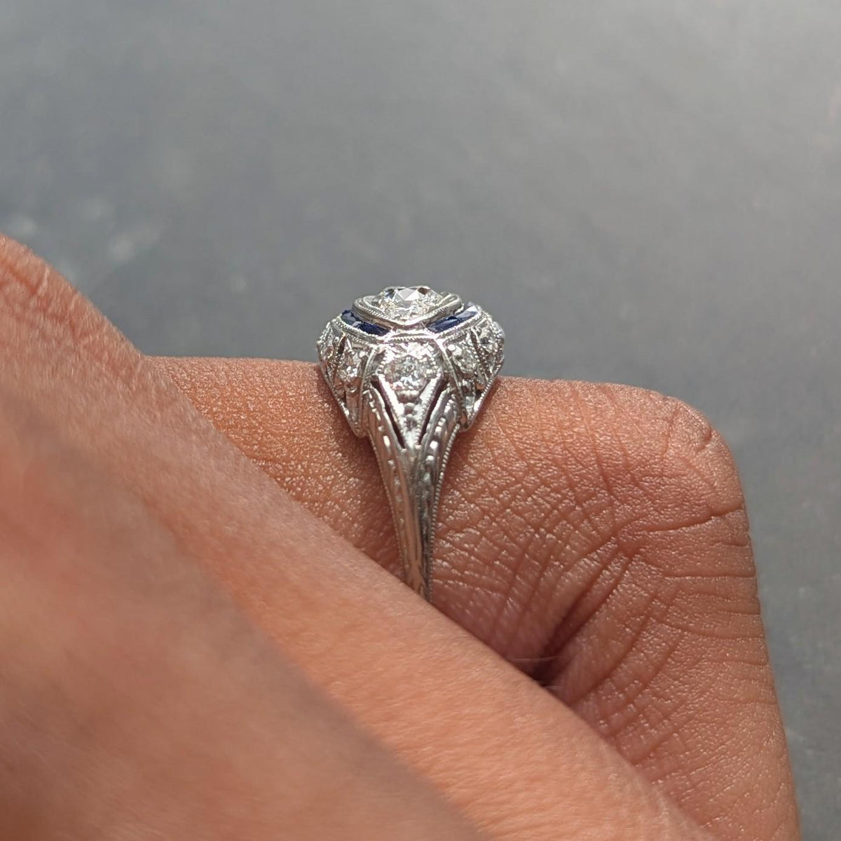 Katz Ogush Art Deco European Diamond Platinum Vintage Foliate Bombé Dinner Ring