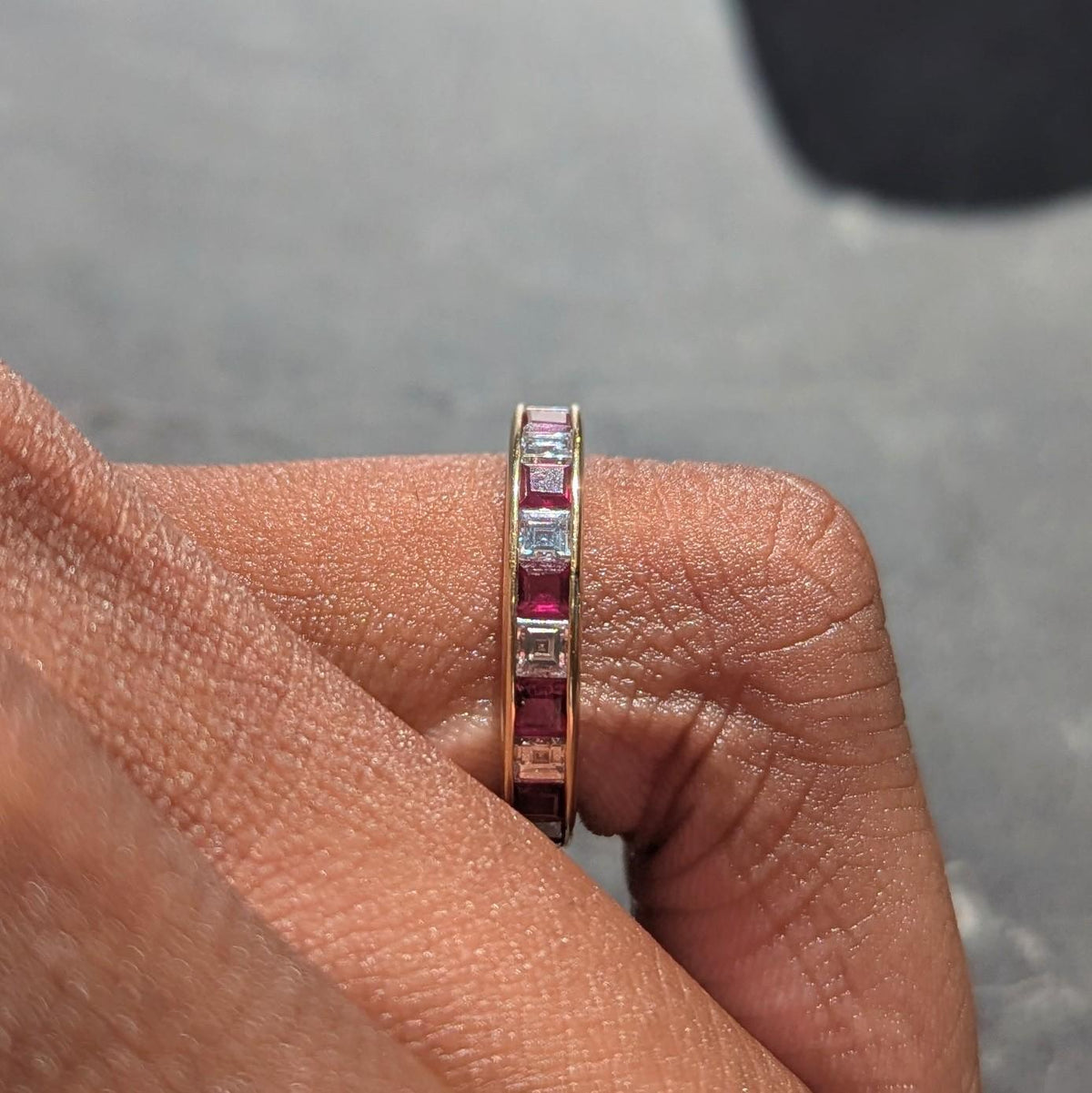 Contemporary 2.64 CTW Diamond Ruby 18 Karat Yellow Gold Channel Band Ring