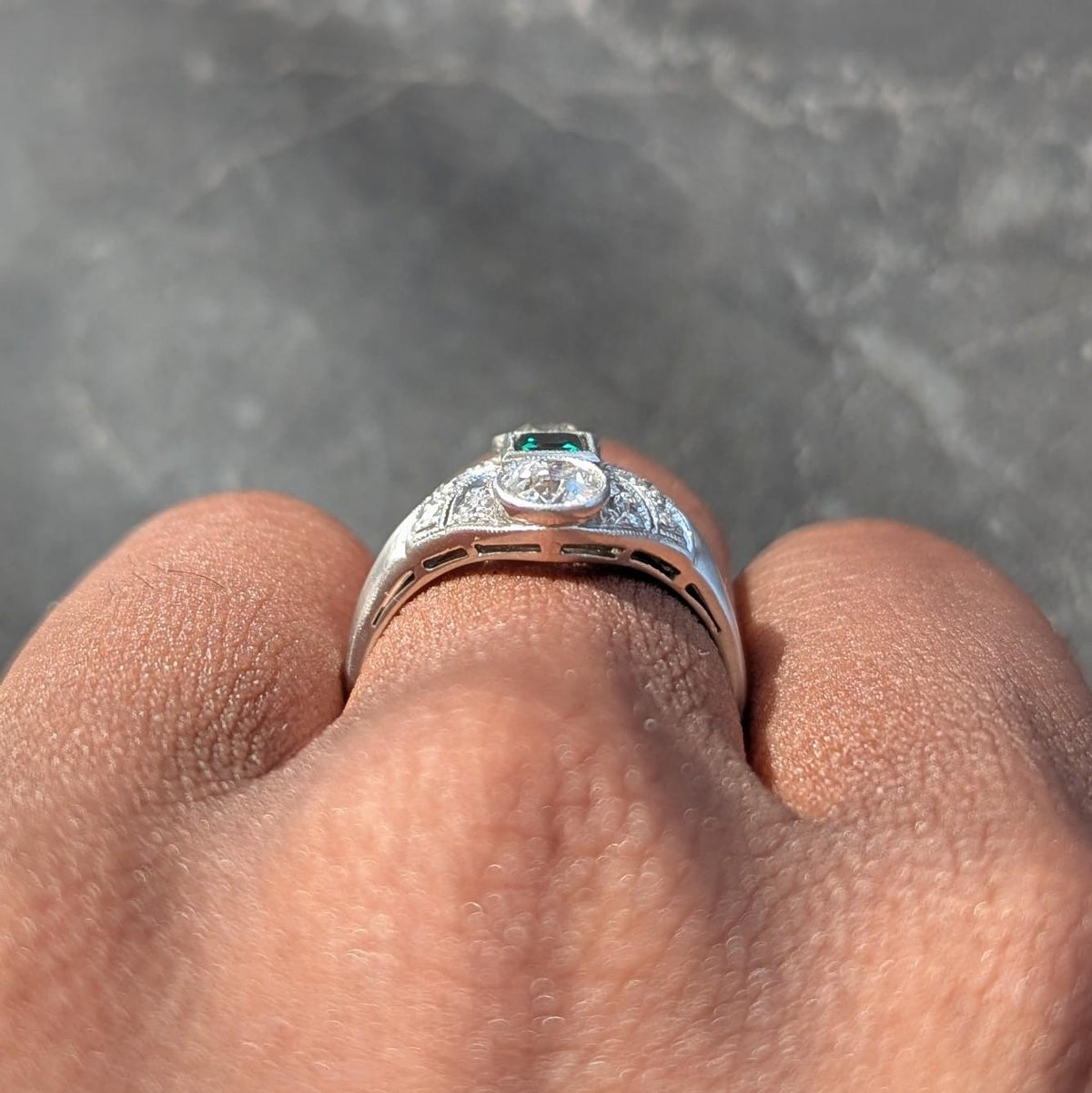 Art Deco 1.75 CTW Emerald Diamond Platinum Vintage Navette Dinner Ring