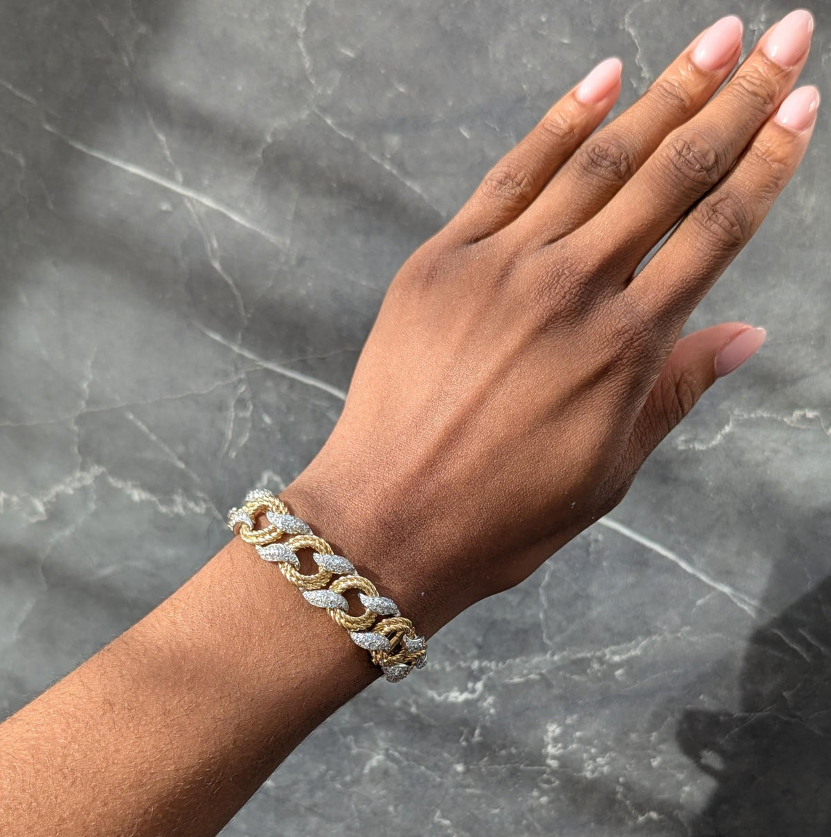 Mauboussin Paris 1950's Diamond 18K Gold Platinum Vintage Twist Link Bracelet