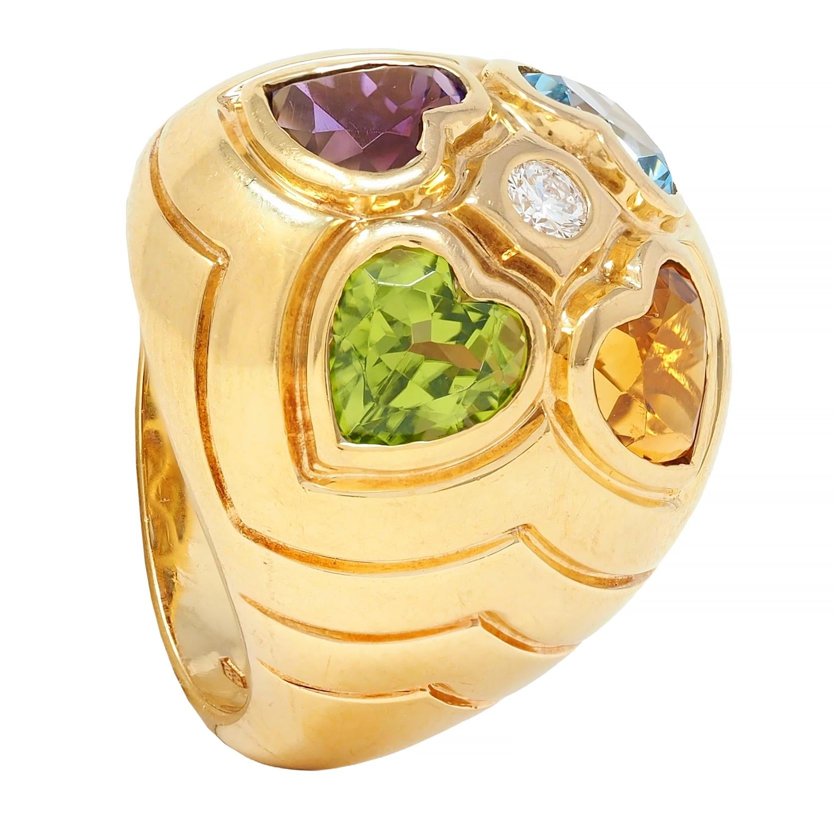 Bulgari 1990's Diamond Multi-Gem 18 Karat Gold Vintage Domed Heart Ring