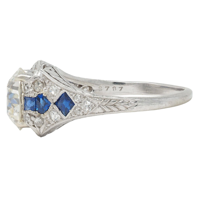 Art Deco 2.75 CTW Diamond Sapphire Platinum Arrow Vintage Engagement Ring GIA