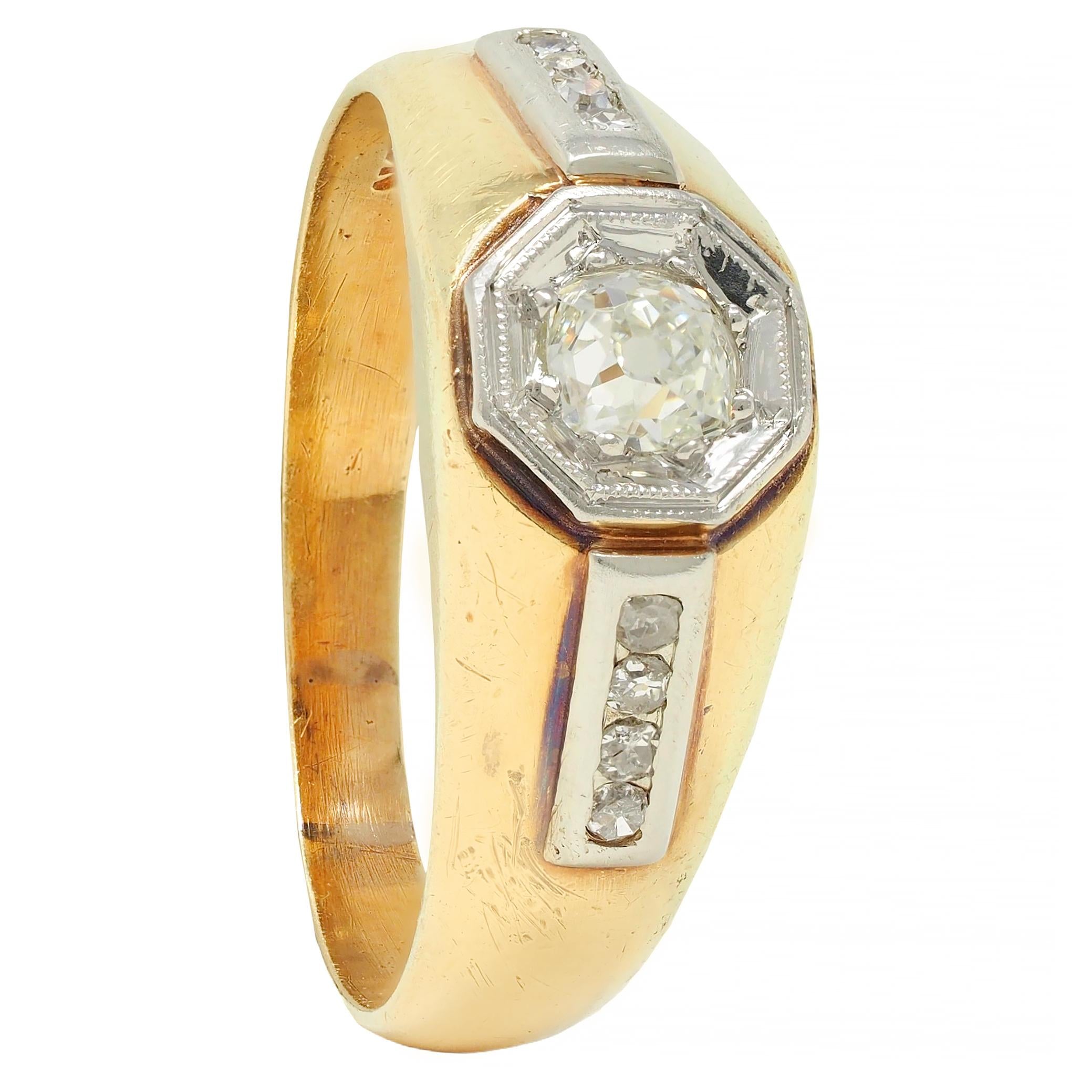 Art Deco Old Mine Cut Diamond Platinum 18K Yellow Gold Antique Engagement Ring