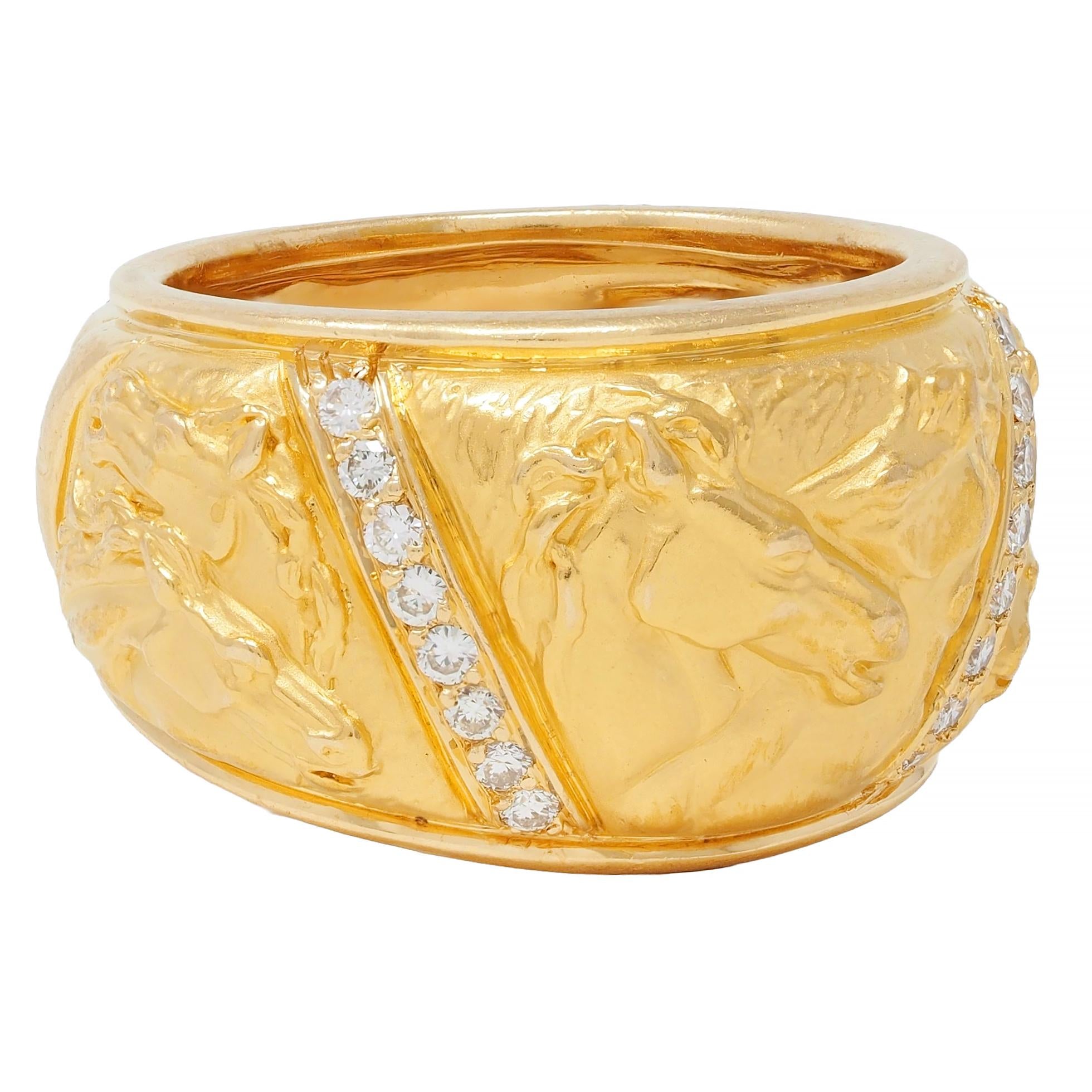 Carrera y Carrera 1990's Diamond 18K Gold Repoussé Horse Vintage Band Ring