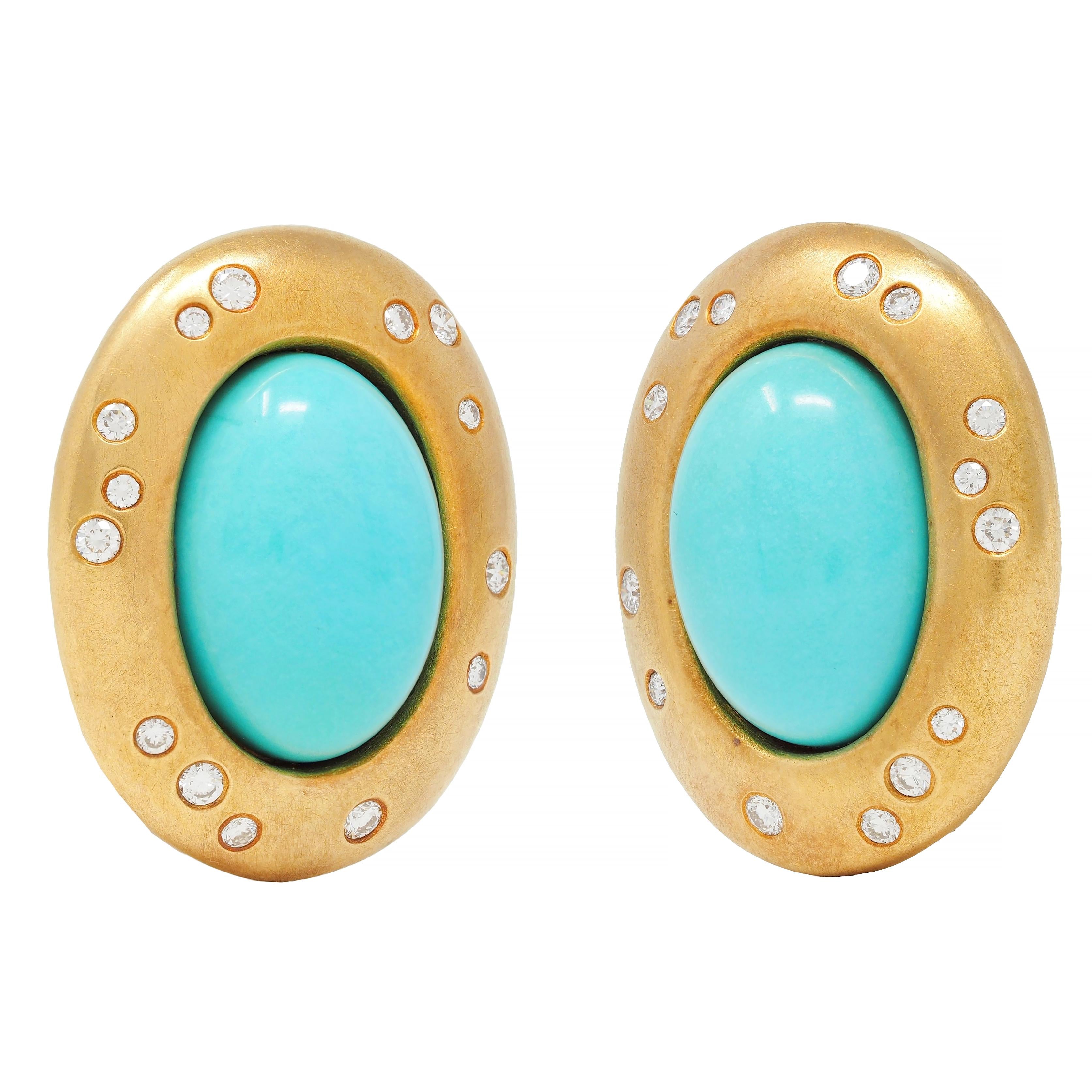 Tiffany & Co. Diamond Turquoise 18 Karat Yellow Gold Cabochon Vintage Earrings