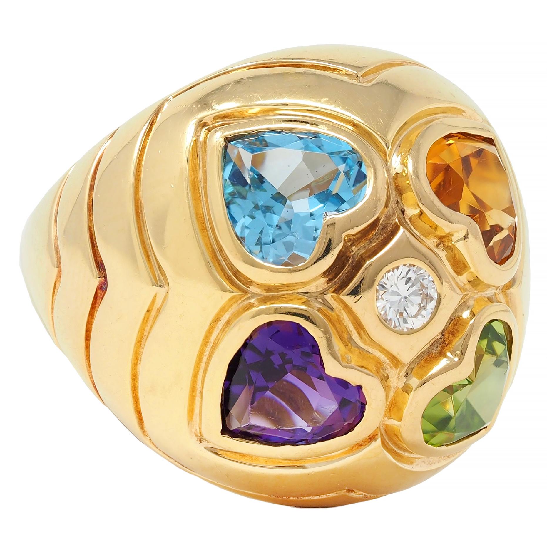 Bulgari 1990's Diamond Multi-Gem 18 Karat Gold Vintage Domed Heart Ring