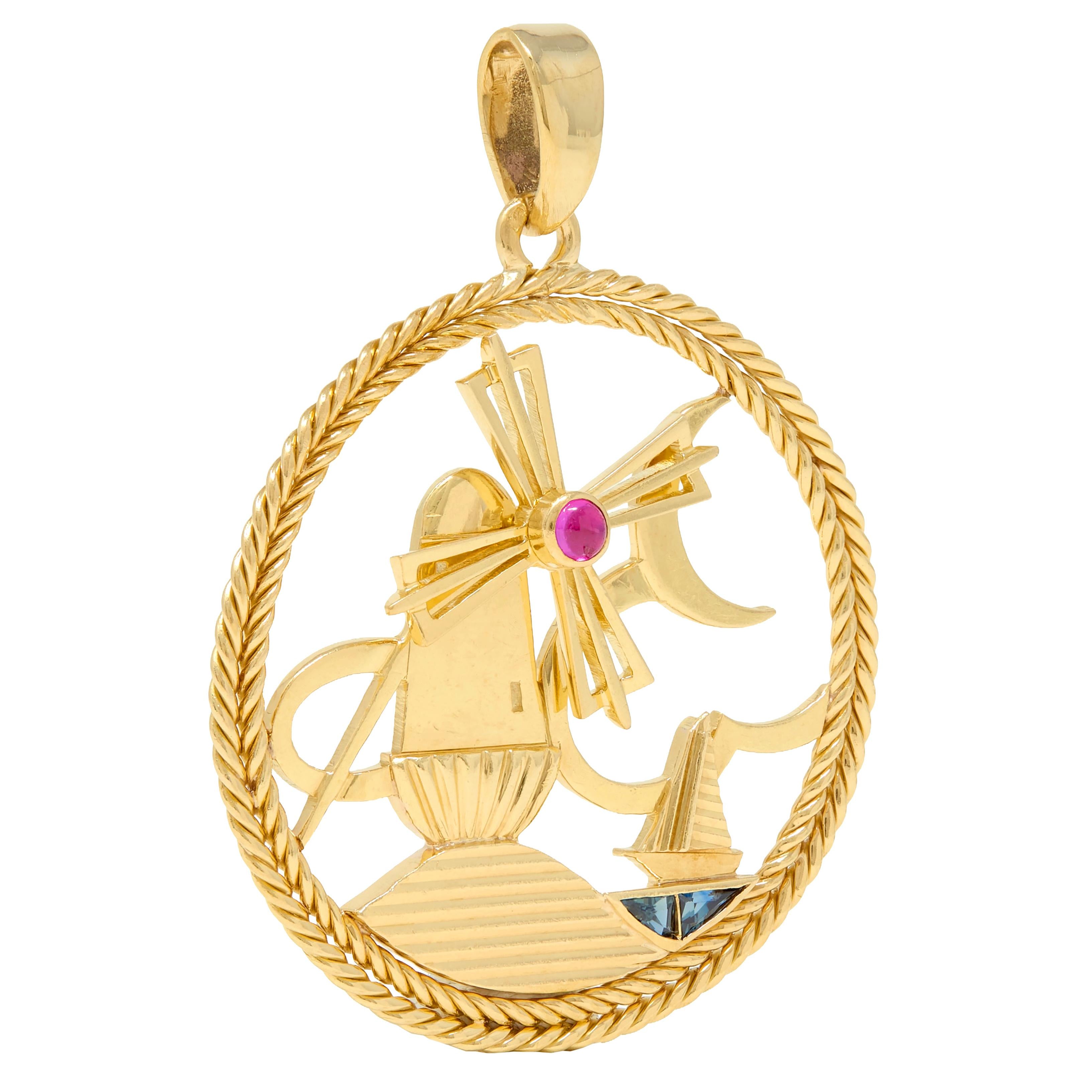 Regner Paris French 1960's Ruby Sapphire 18K Gold Vintage Windmill Boat Charm