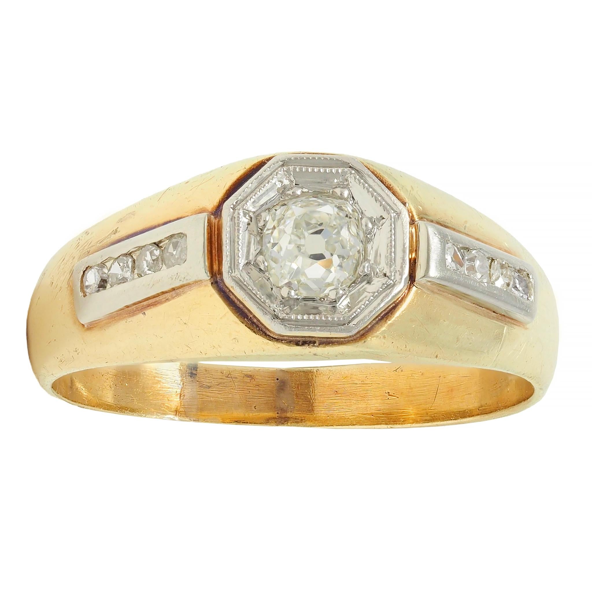 Art Deco Old Mine Cut Diamond Platinum 18K Yellow Gold Antique Engagement Ring