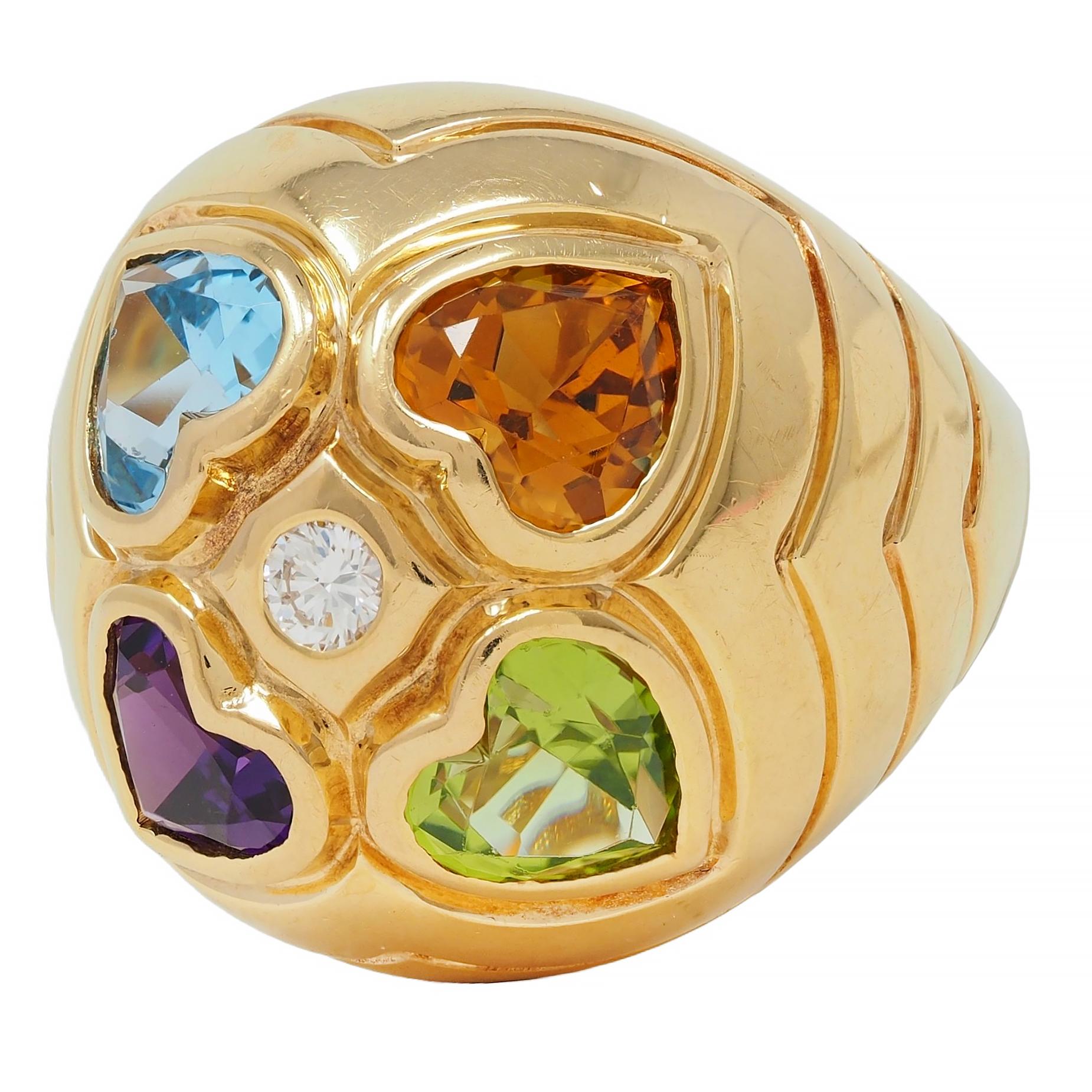 Bulgari 1990's Diamond Multi-Gem 18 Karat Gold Vintage Domed Heart Ring