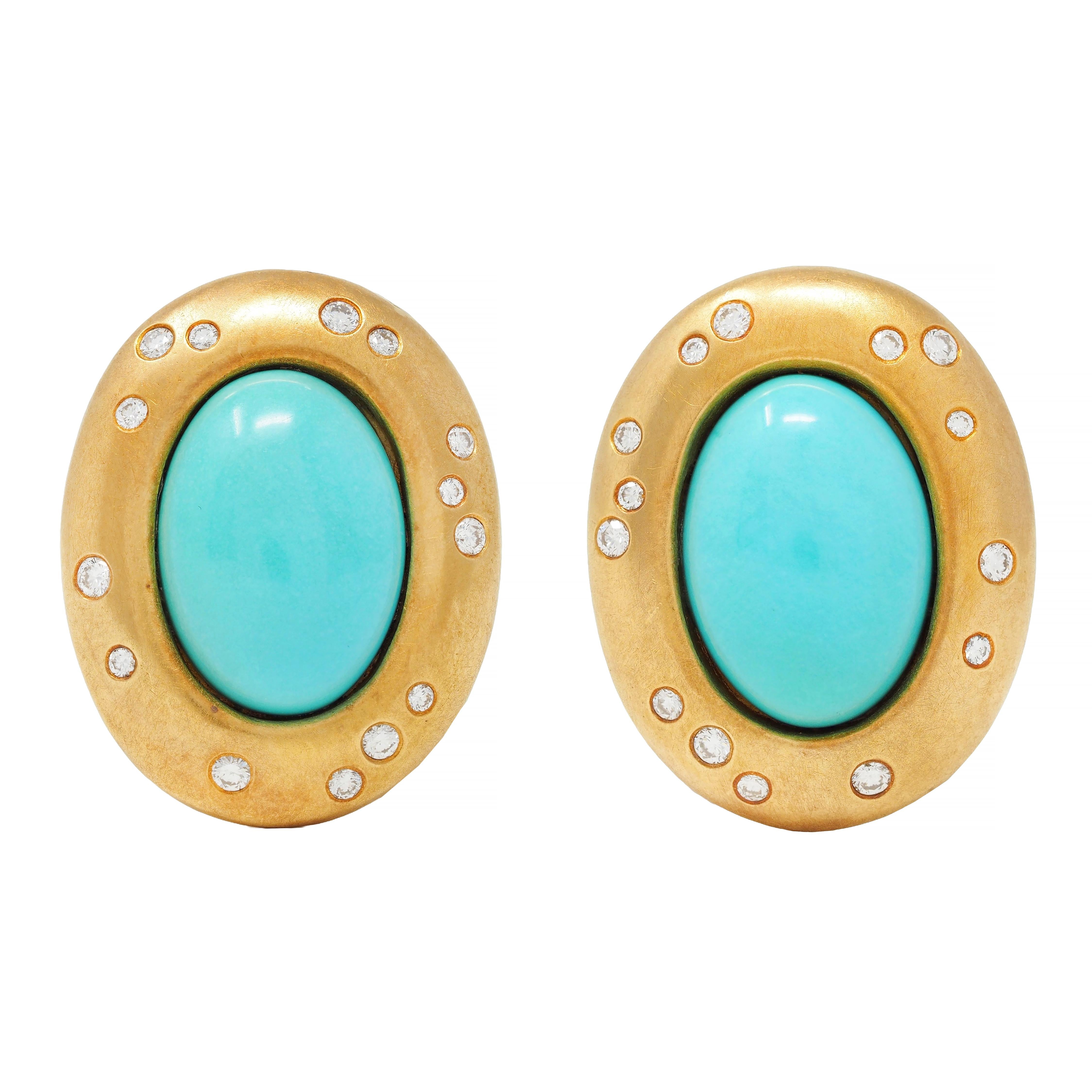 Tiffany & Co. Diamond Turquoise 18 Karat Yellow Gold Cabochon Vintage Earrings