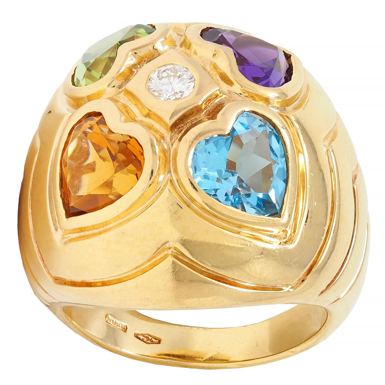 Bulgari 1990's Diamond Multi-Gem 18 Karat Gold Vintage Domed Heart Ring