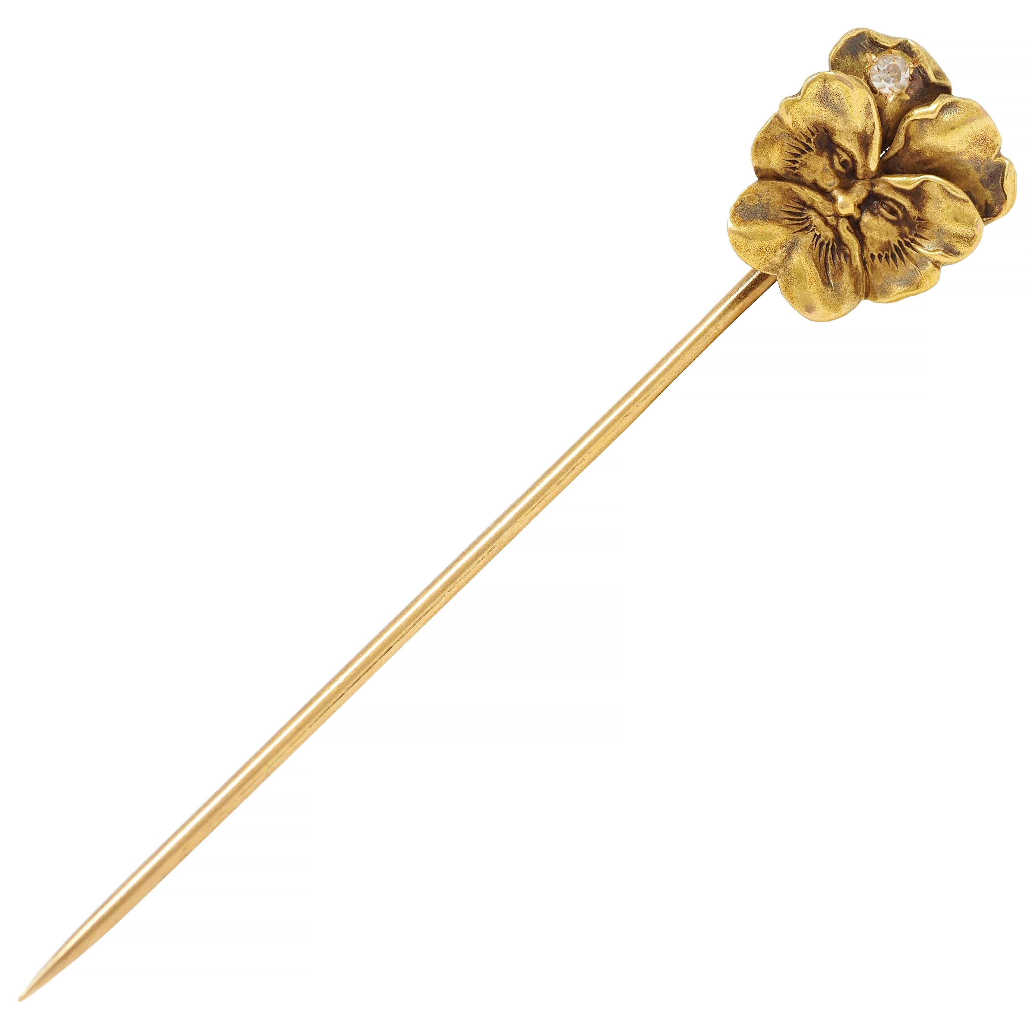 Art Nouveau Diamond 14 Karat Yellow Gold Antique Pansy Face Stickpin