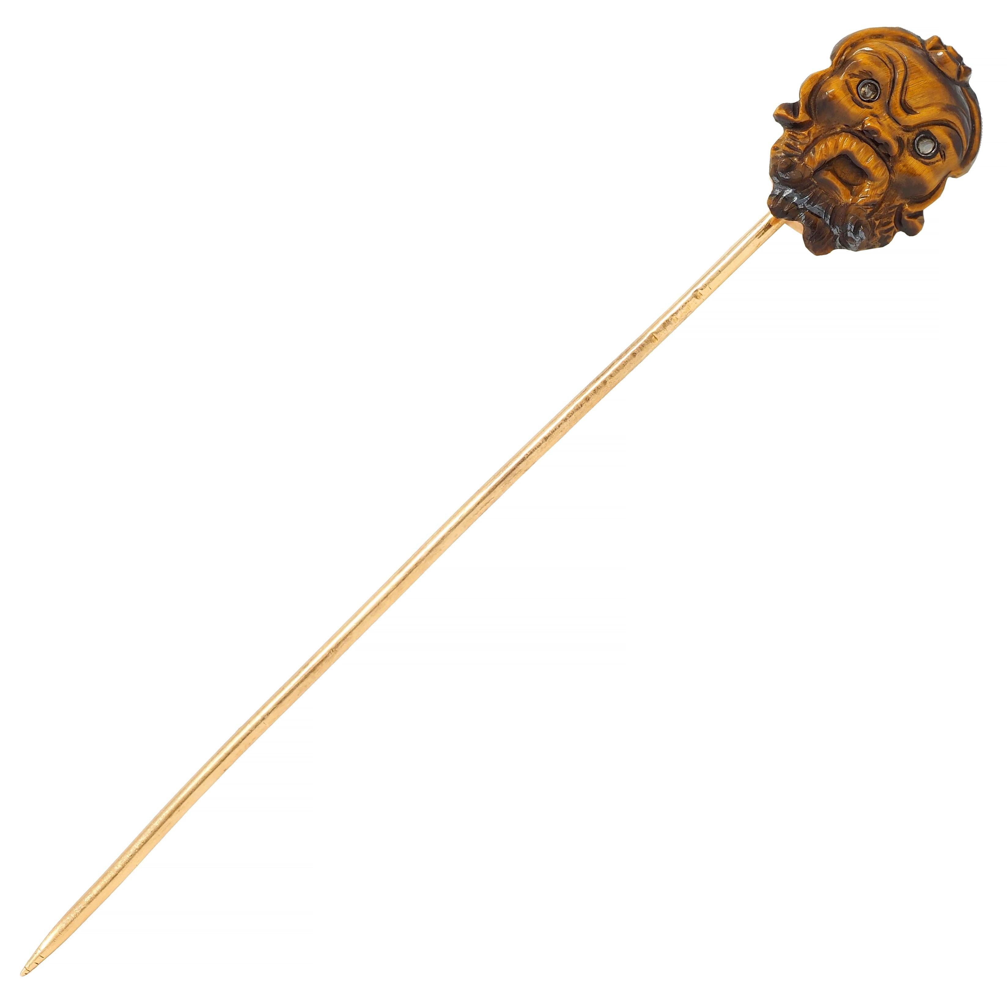 Victorian Tiger's Eye Diamond 14K Gold Antique Japanese Kabuki Mask Stickpin