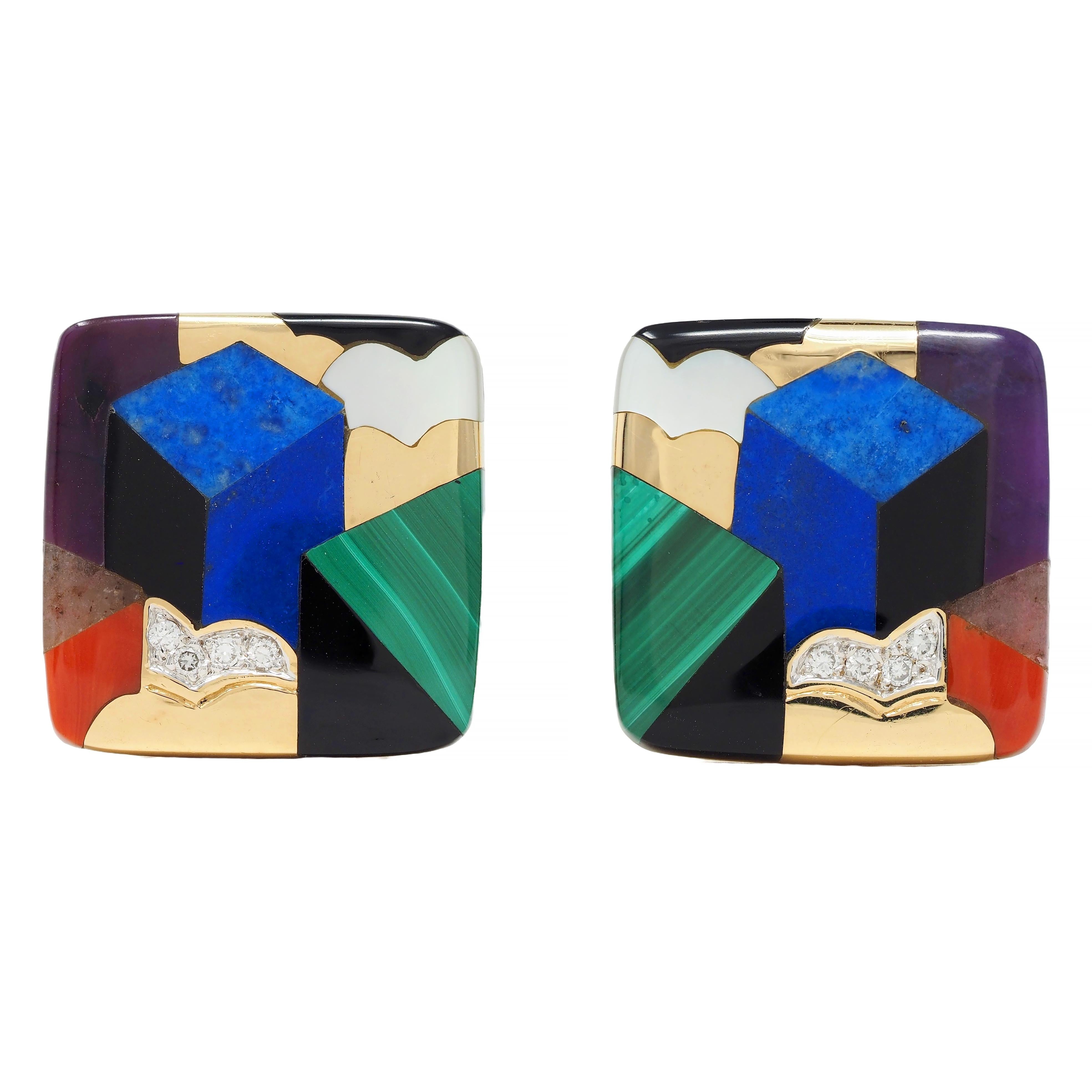 Asch Grossbardt 1980s Multi-Gem 14 Karat Yellow Gold Cushion Inlay Earrings