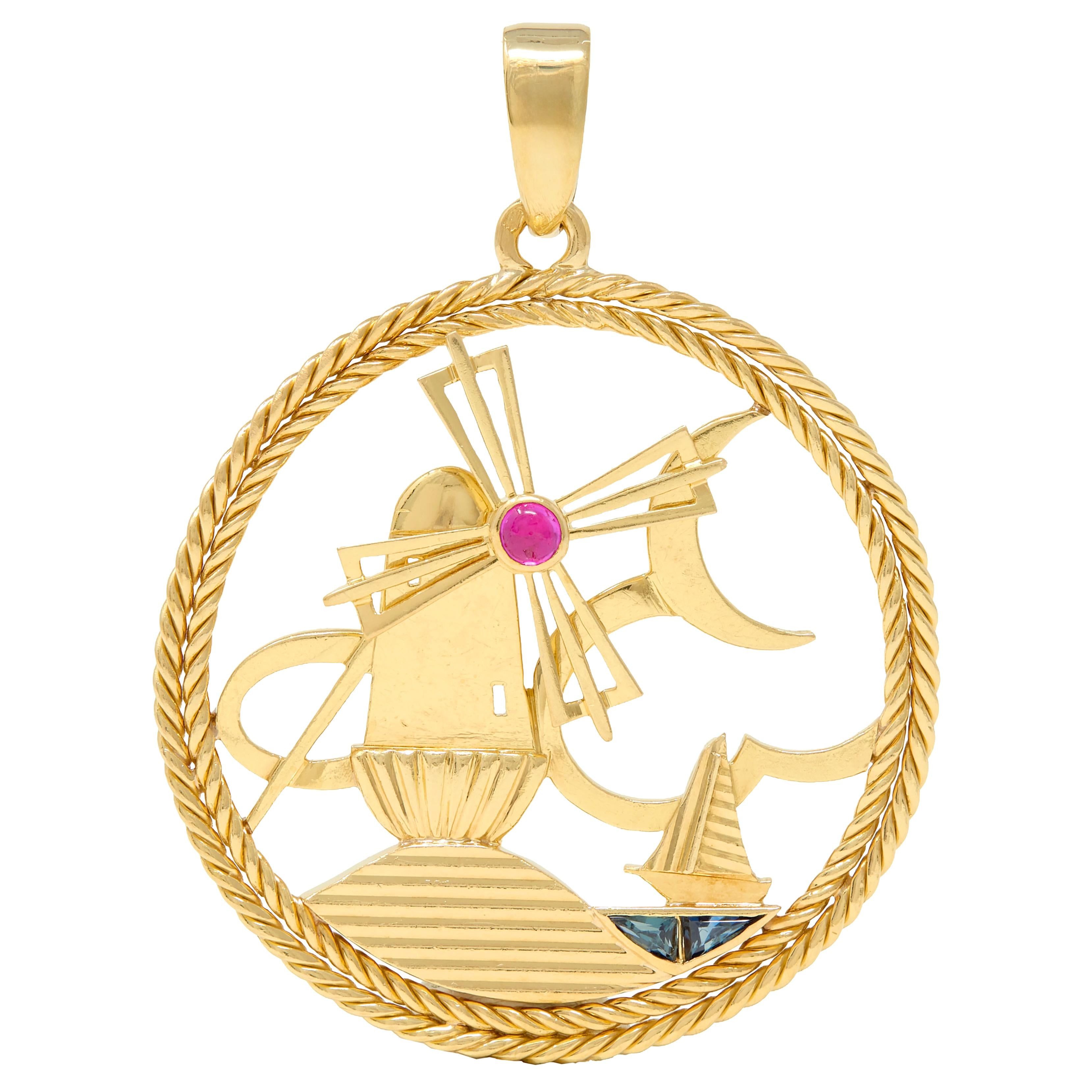 Regner Paris French 1960's Ruby Sapphire 18K Gold Vintage Windmill Boat Charm