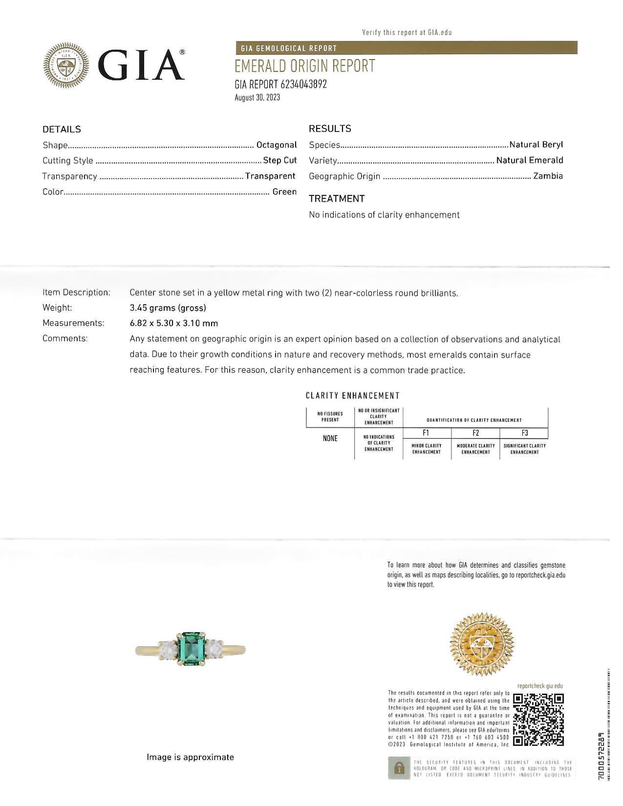 Suna 1990s 1.23 CTW No Oil Emerald Diamond 18 Karat Yellow Gold Ring GIA Wilson's Estate Jewelry