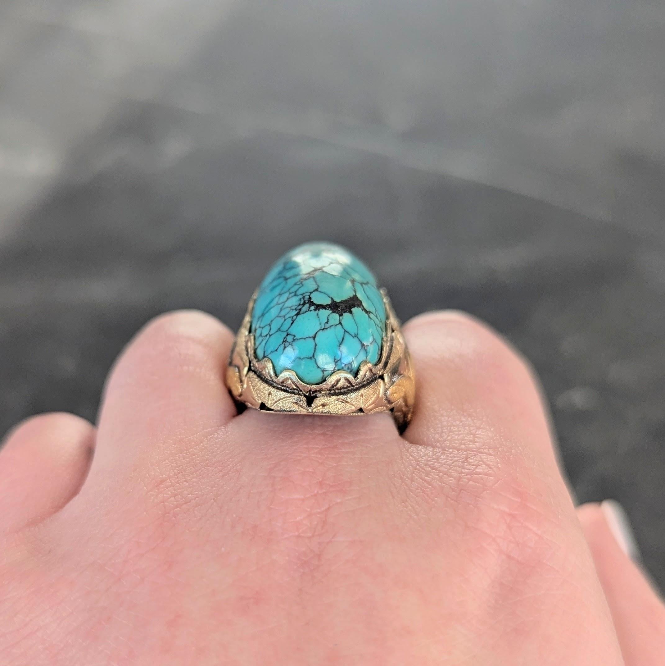 Retro Turquoise Cabochon 14 Karat Yellow Gold Vintage Statement Ring