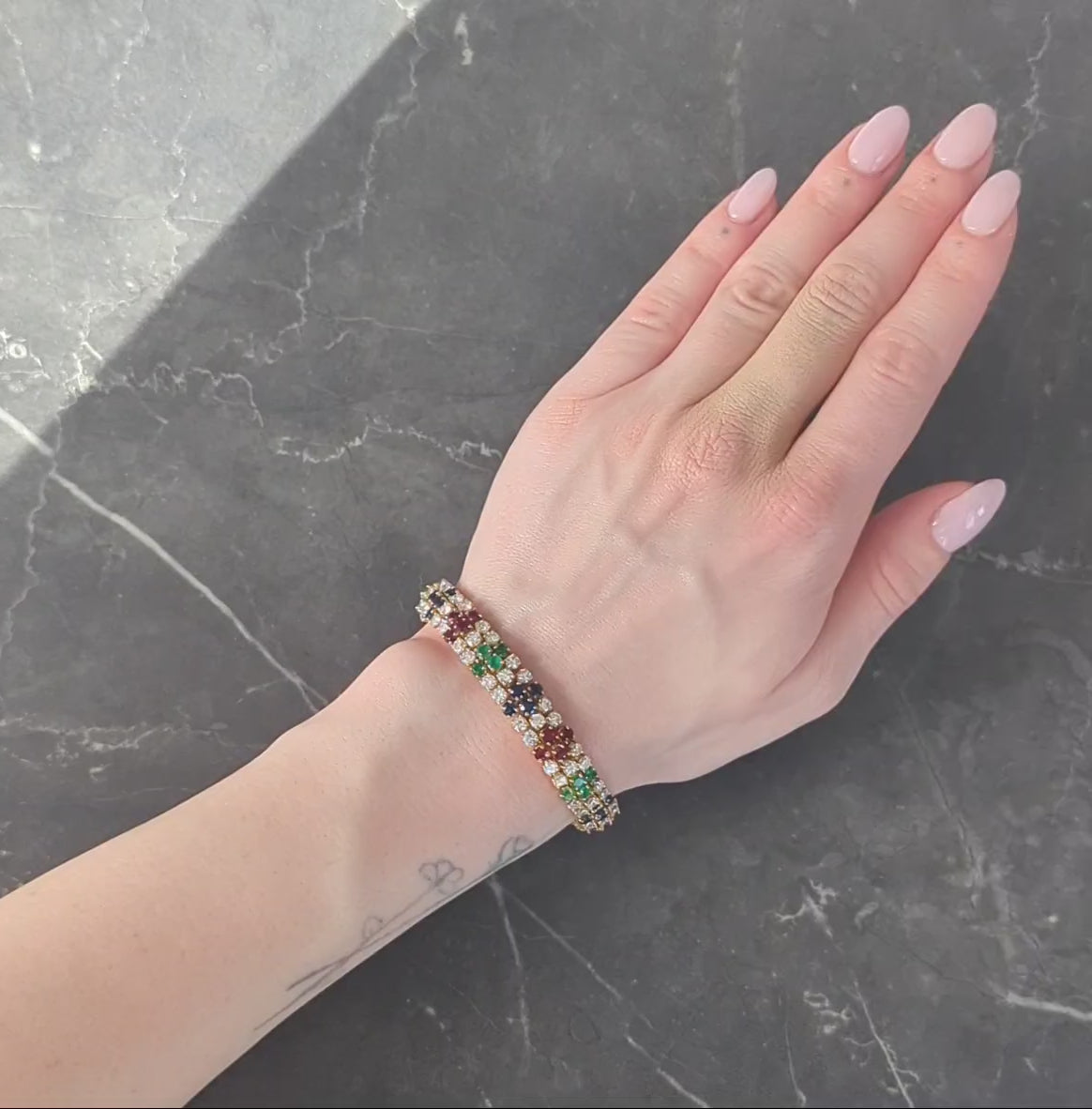 Fred French 1960's 17.70 CTW Diamond Multi-Gem 18K Gold Vintage Line Bracelet