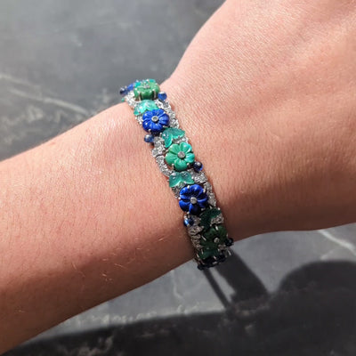 Art Deco Diamond Multi-Gem Turquoise Platinum Vintage Floral Buckle Bracelet