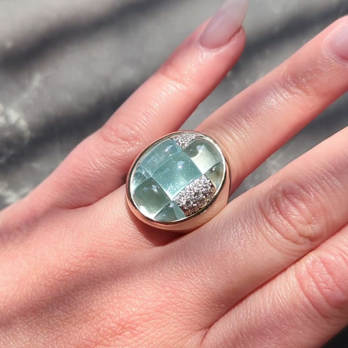 Pomellato 2000's Aquamarine Diamond 18 Karat White Gold Mosaique Statement Ring