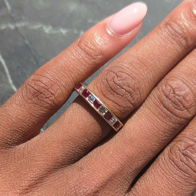 Contemporary 2.64 CTW Diamond Ruby 18 Karat Yellow Gold Channel Band Ring