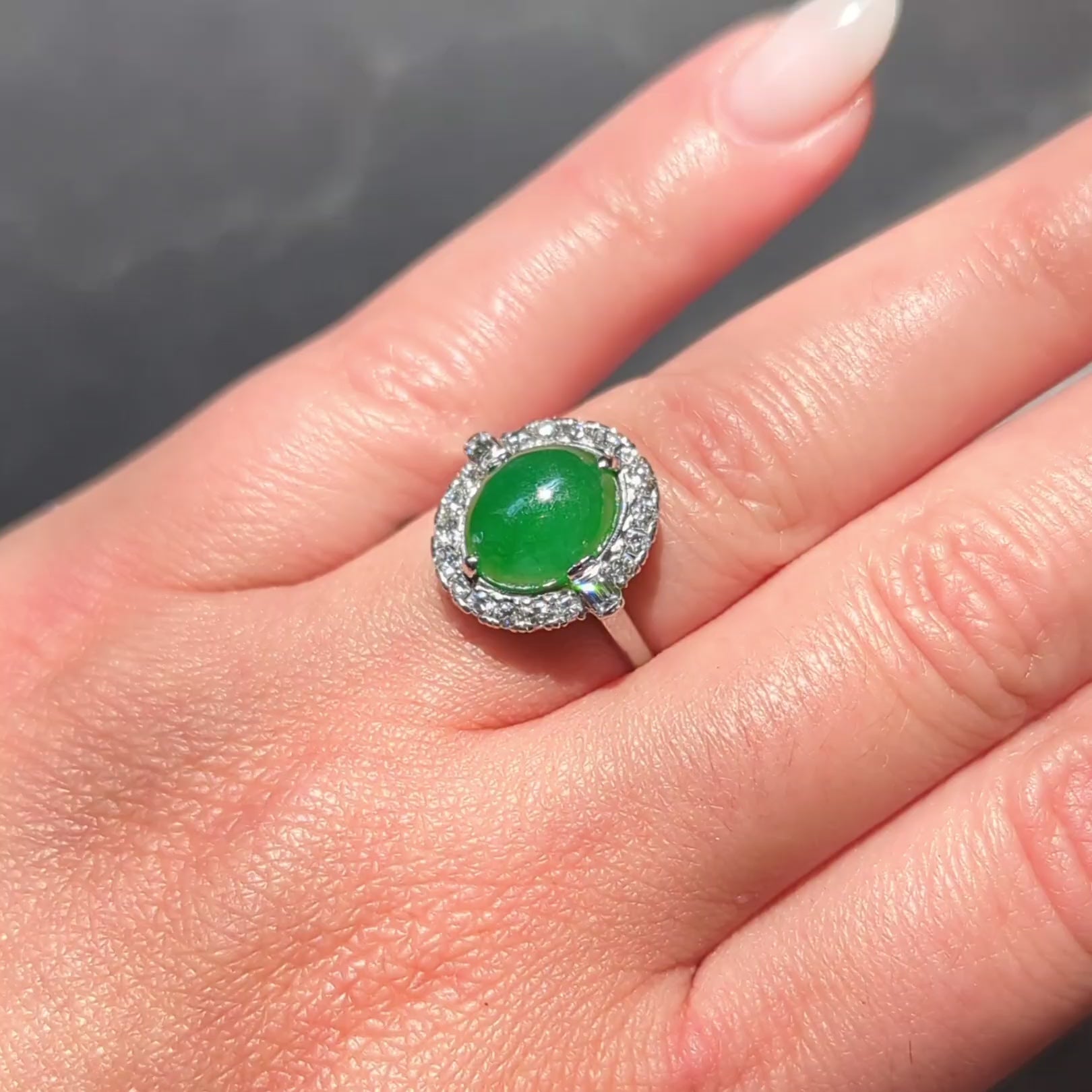 Mid-Century Jade Diamond Platinum Vintage Halo Cocktail Ring