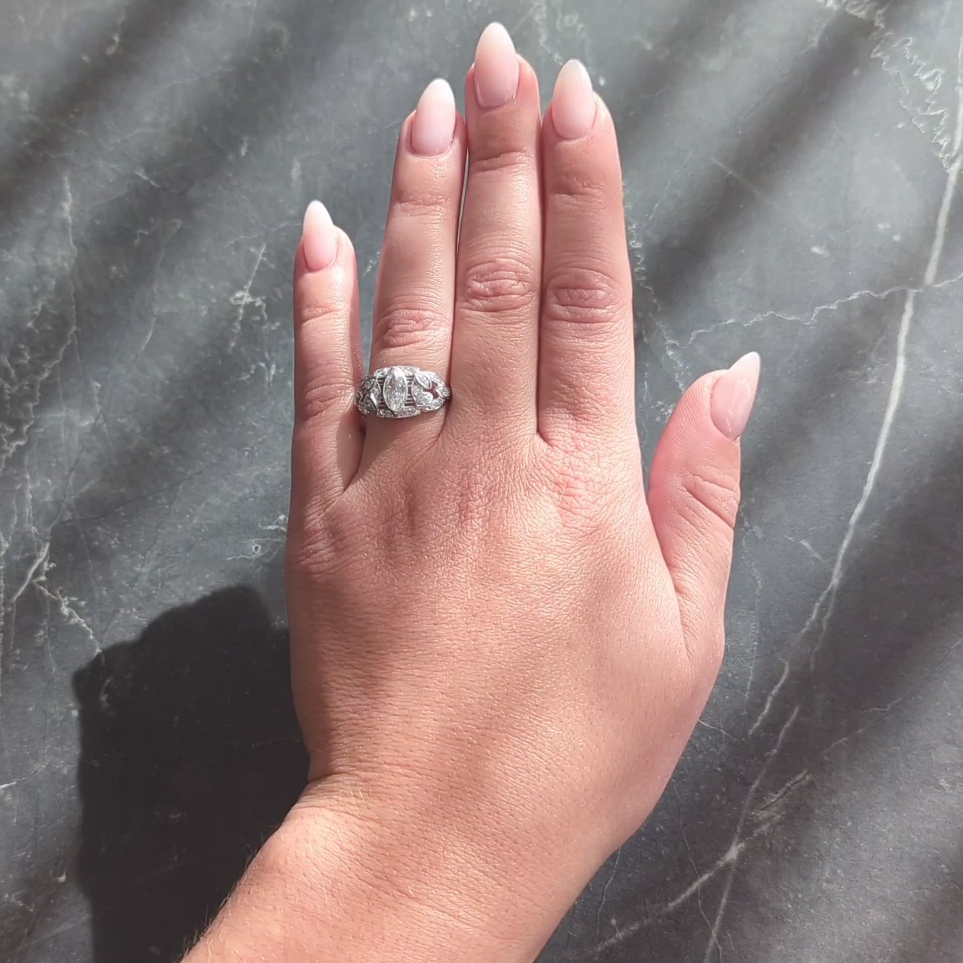 Art Deco 1.20 CTW Marquise Cut Diamond Platinum Foliate Antique Engagement Ring