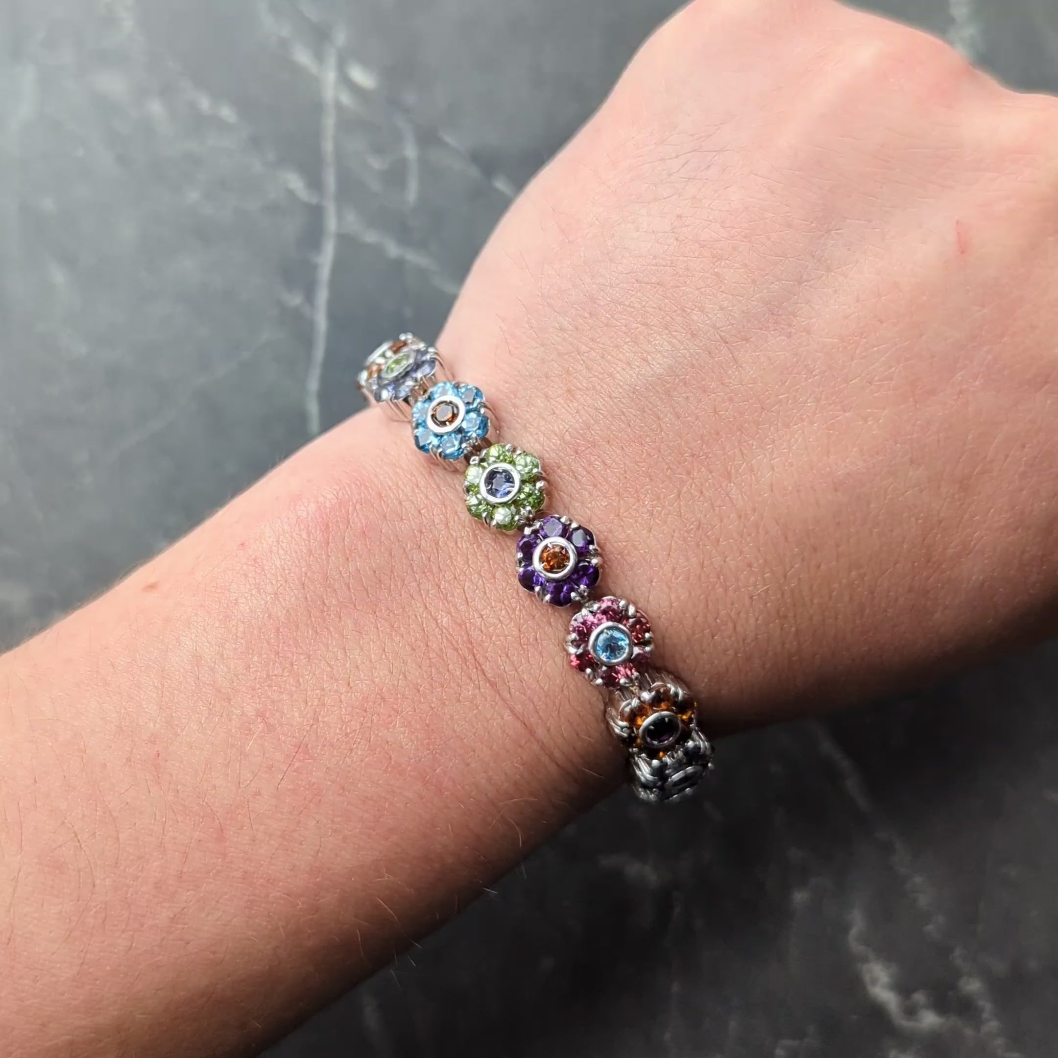 Contemporary Multi-Gem 18 Karat White Gold Floral Link Bracelet