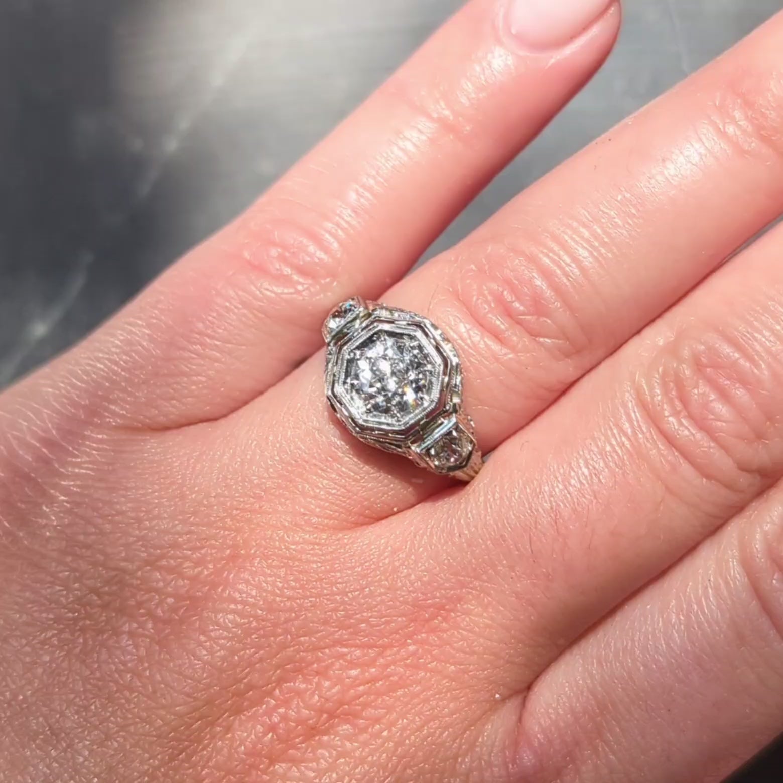 Art Deco Old European Diamond 18 Karat White Gold Vintage Engagement Ring GIA