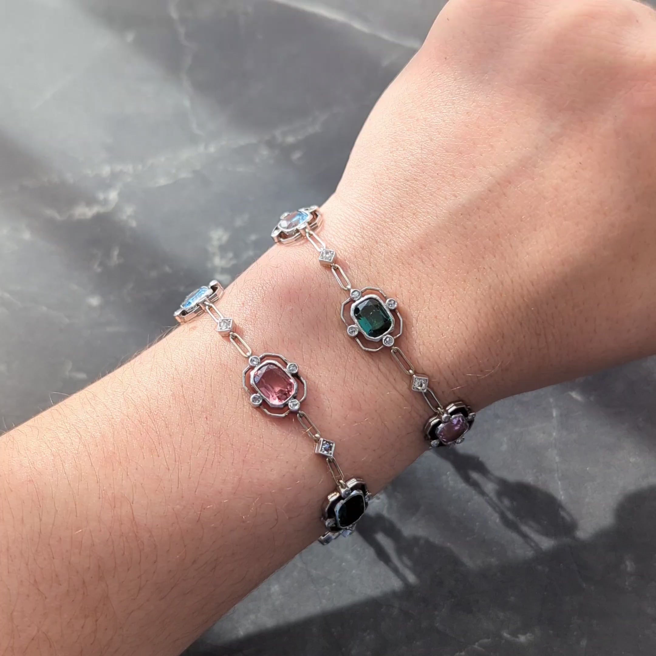 Art Deco Diamond Multi-Gem Platinum 18K Antique Quatrefoil Link Bracelet Set