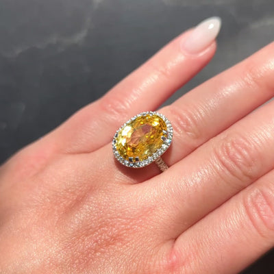 Contemporary No Heat Yellow Ceylon Sapphire Diamond Platinum Halo Ring GIA