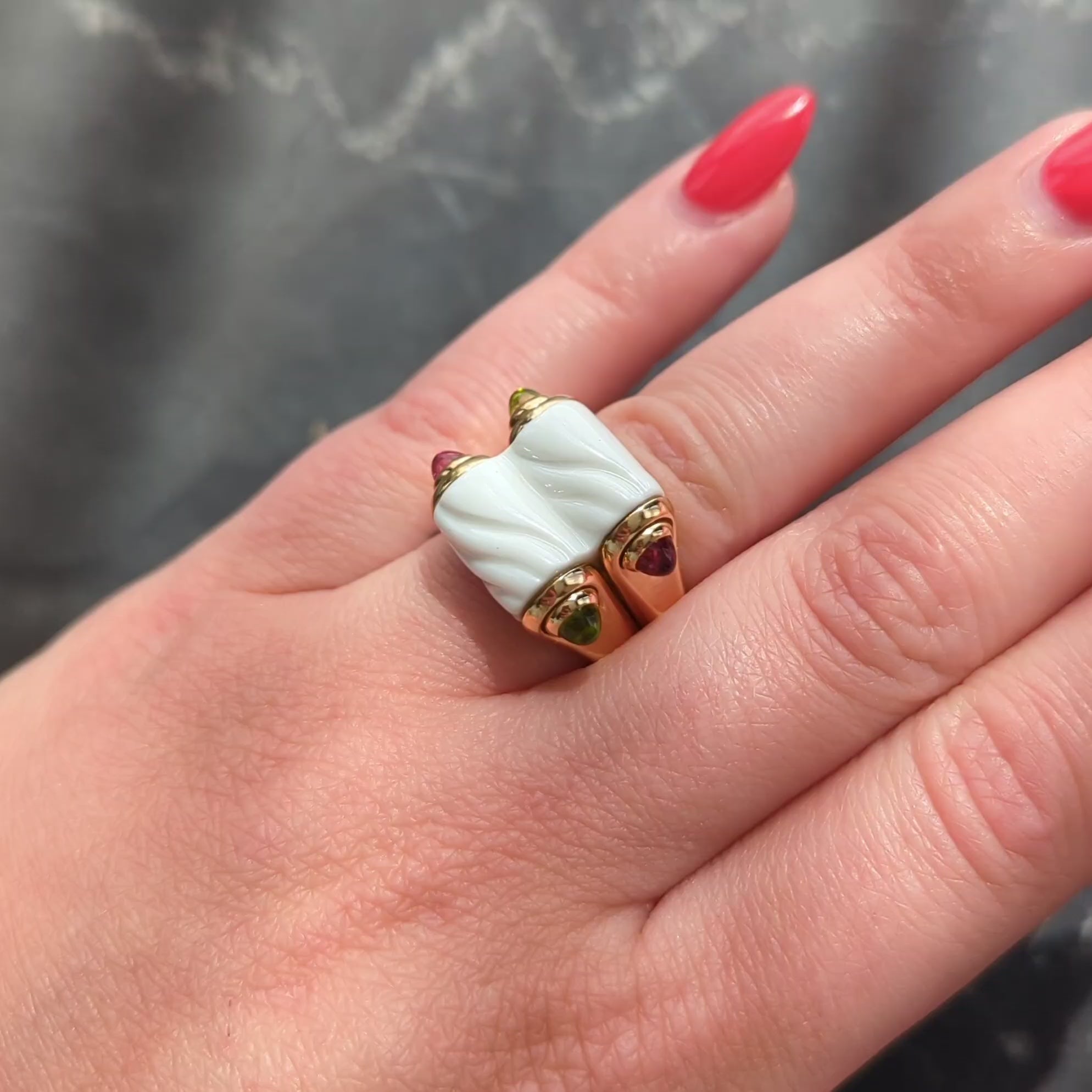 Bulgari Tourmaline Peridot Ceramic 18 Karat Yellow Gold Chandra Ring