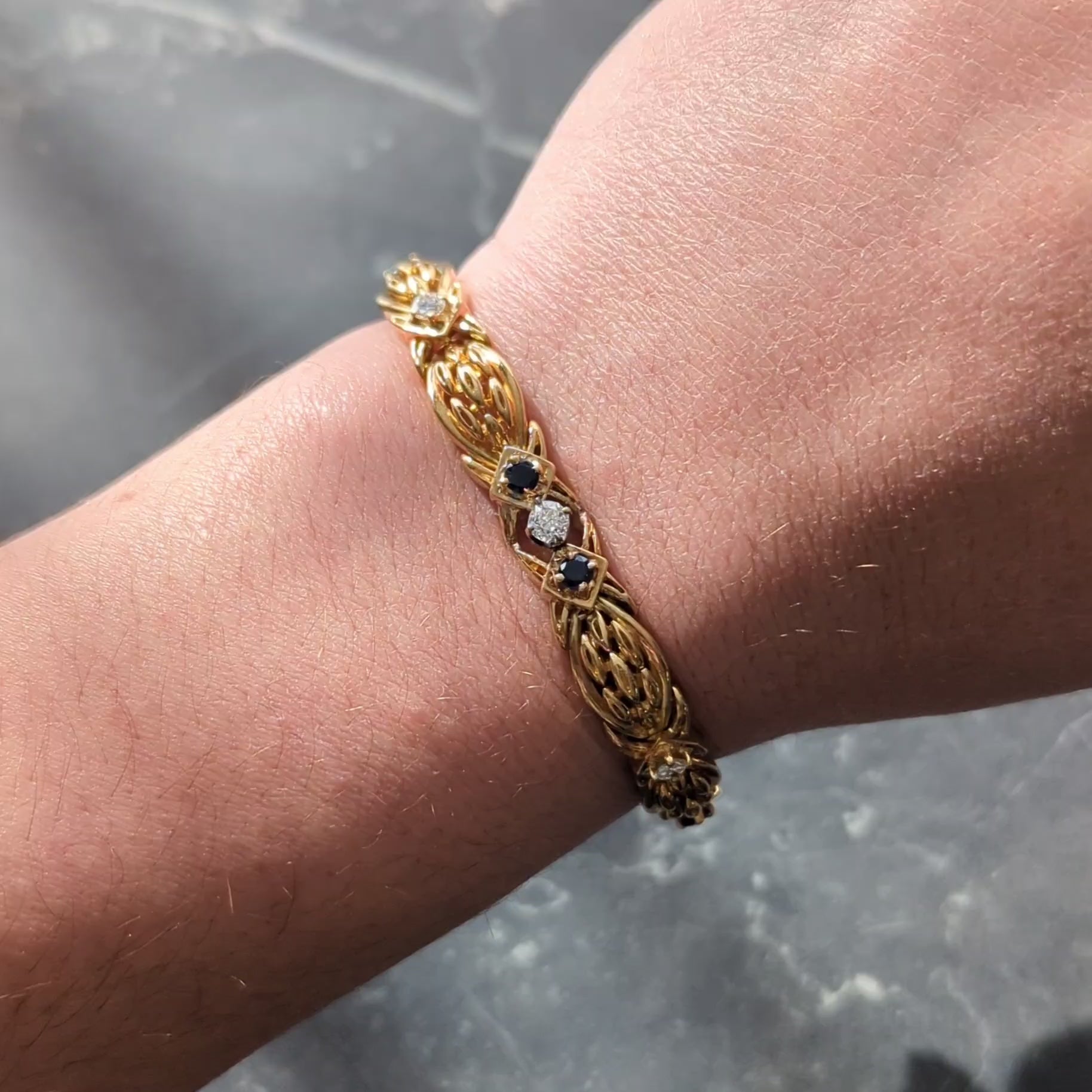 Tiffany & Co. 1990's 1.04 CTW Sapphire Diamond 18K Gold Vintage Wheat Bracelet