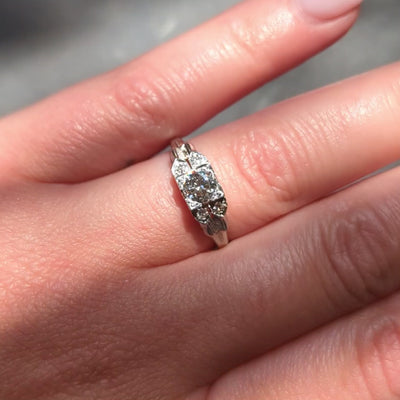 Art Deco Old European Diamond 18K White Gold Vintage Stepped Engagement Ring