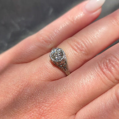 Art Deco Old European Diamond 18K White Gold Foliate Antique Engagement Ring GIA