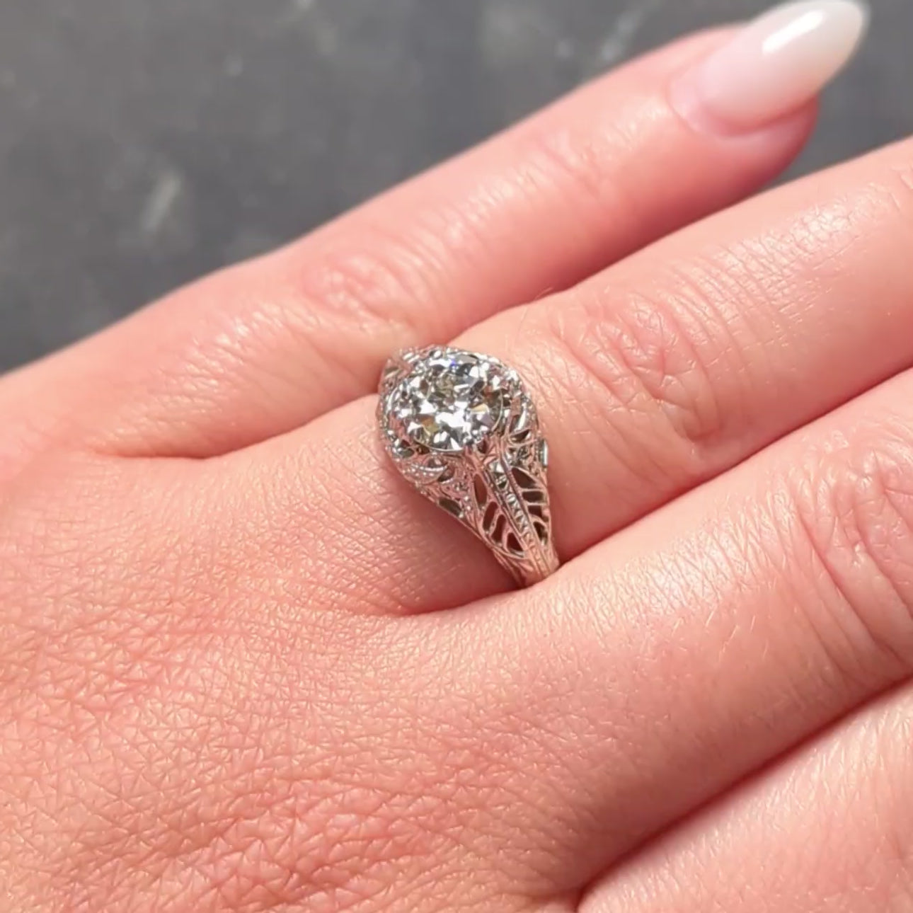 Art Deco 1.02 CTW Old European Cut Diamond 18 Karat White Gold Engagement Ring