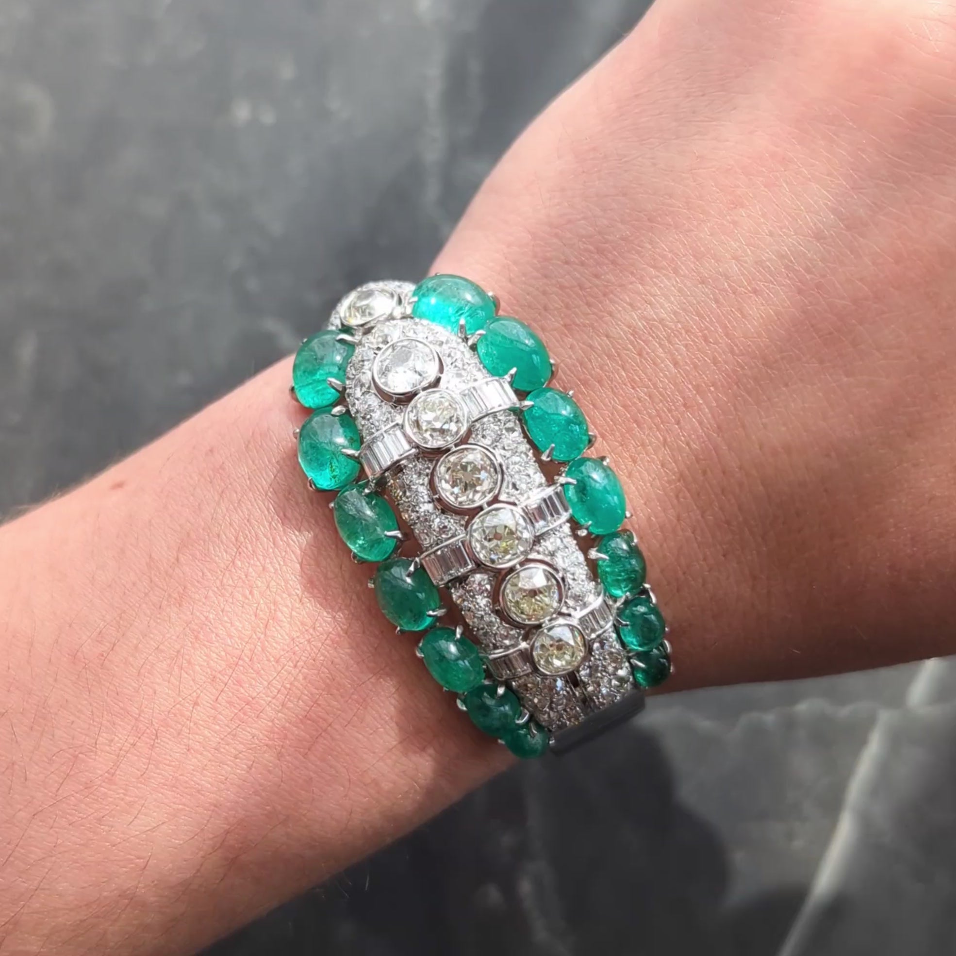 Art Deco 40.30 CTW Diamond Emerald Platinum 14K Gold Vintage Bangle Bracelet