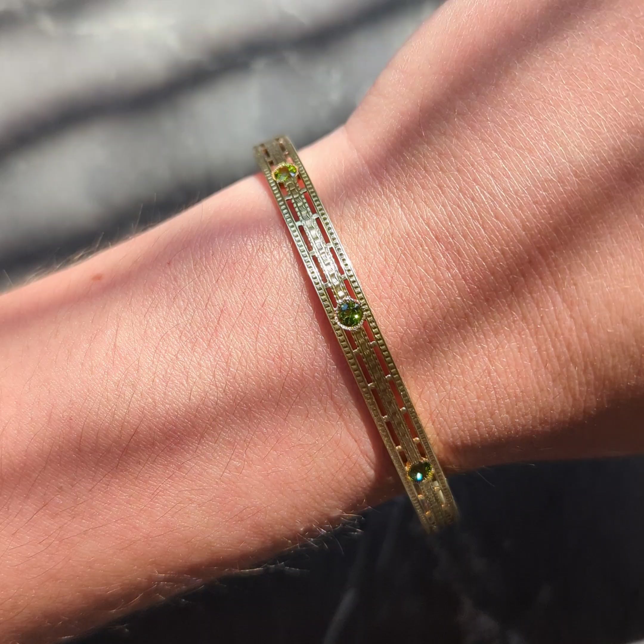 Carter Gough & Co. Art Nouveau Tourmaline 14K Gold Antique Bangle Bracelet