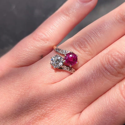 Victorian No Heat Burma Sapphire Diamond 14K Gold Silver Antique Toi-Et-Moi Ring